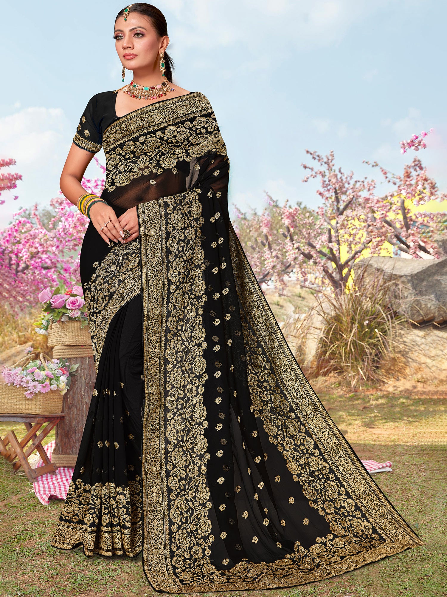 Black Zari Woven Saree In Silk With Blouse