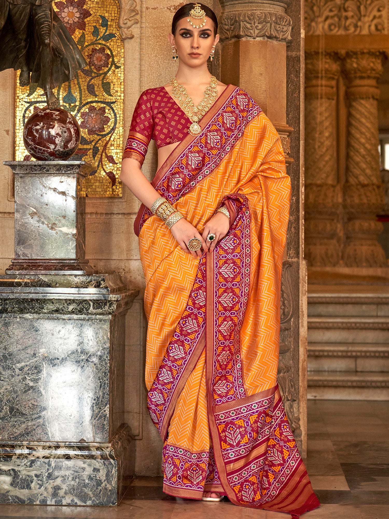 Orange Digital Printed Saree In Art Silk