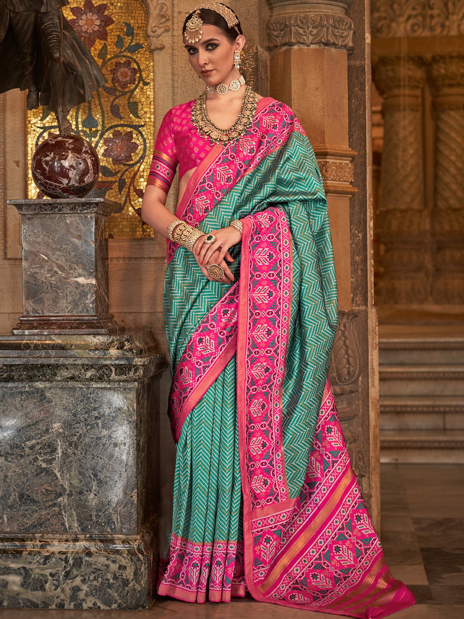Green Printed Art Silk Saree With Blouse