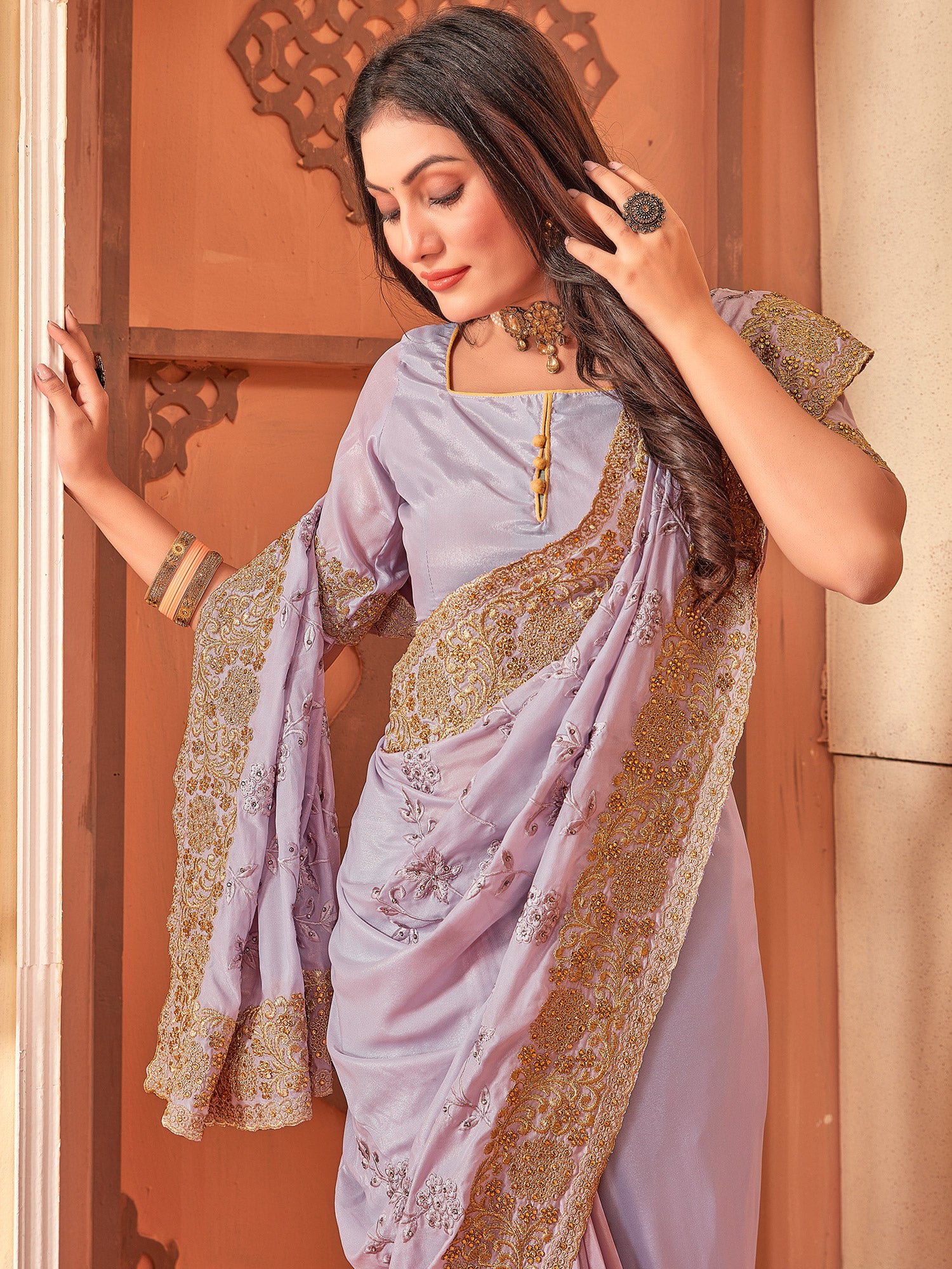 Purple Stone Work Festive Sari In Crepe