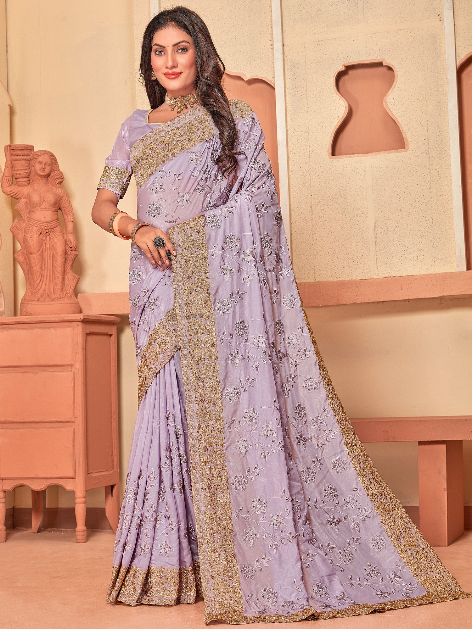 Purple Stone Work Festive Sari In Crepe