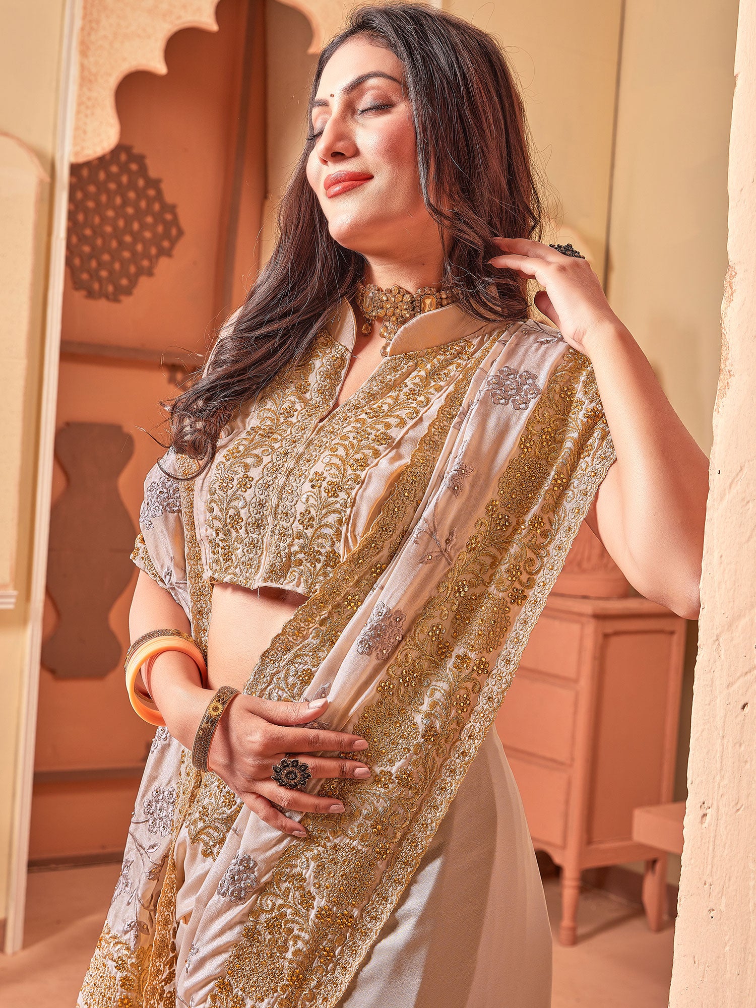 Biege Festive Wear Saree With Embroidery