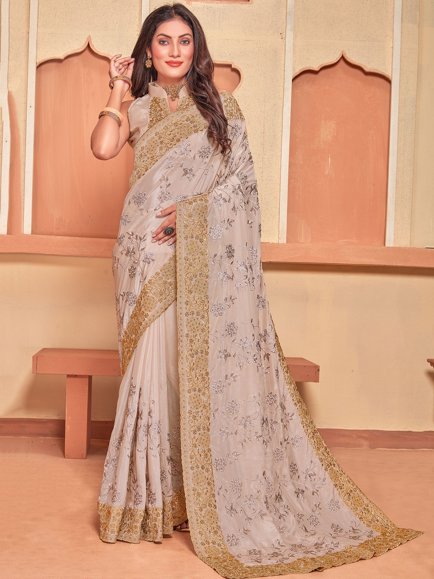 Biege Festive Wear Saree With Embroidery