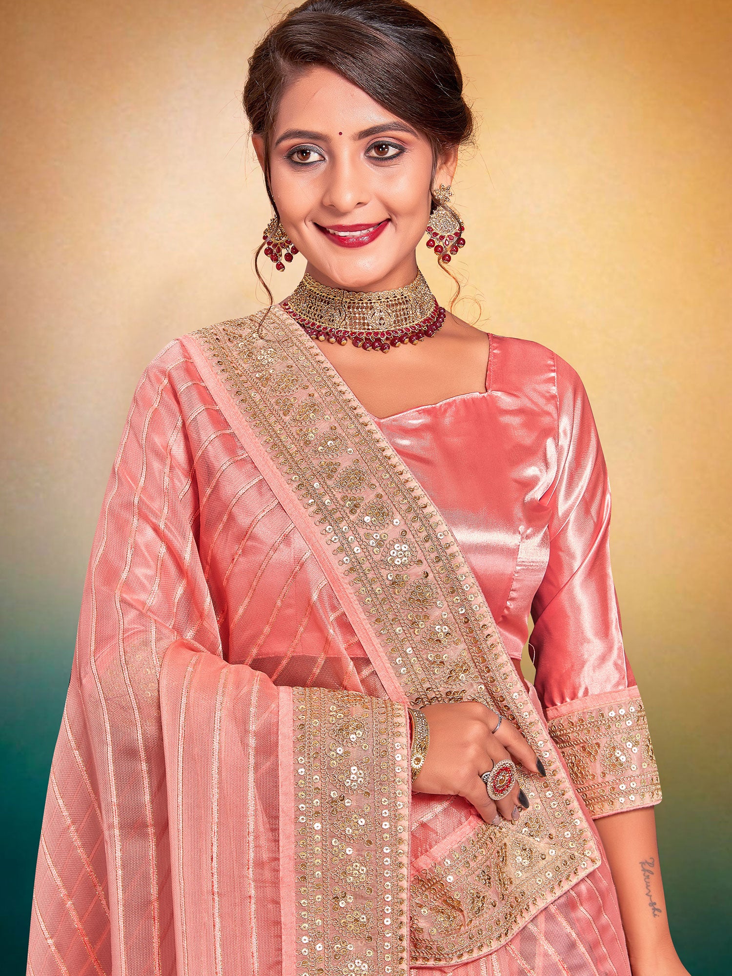 Peach Silk Saree In Zari Work