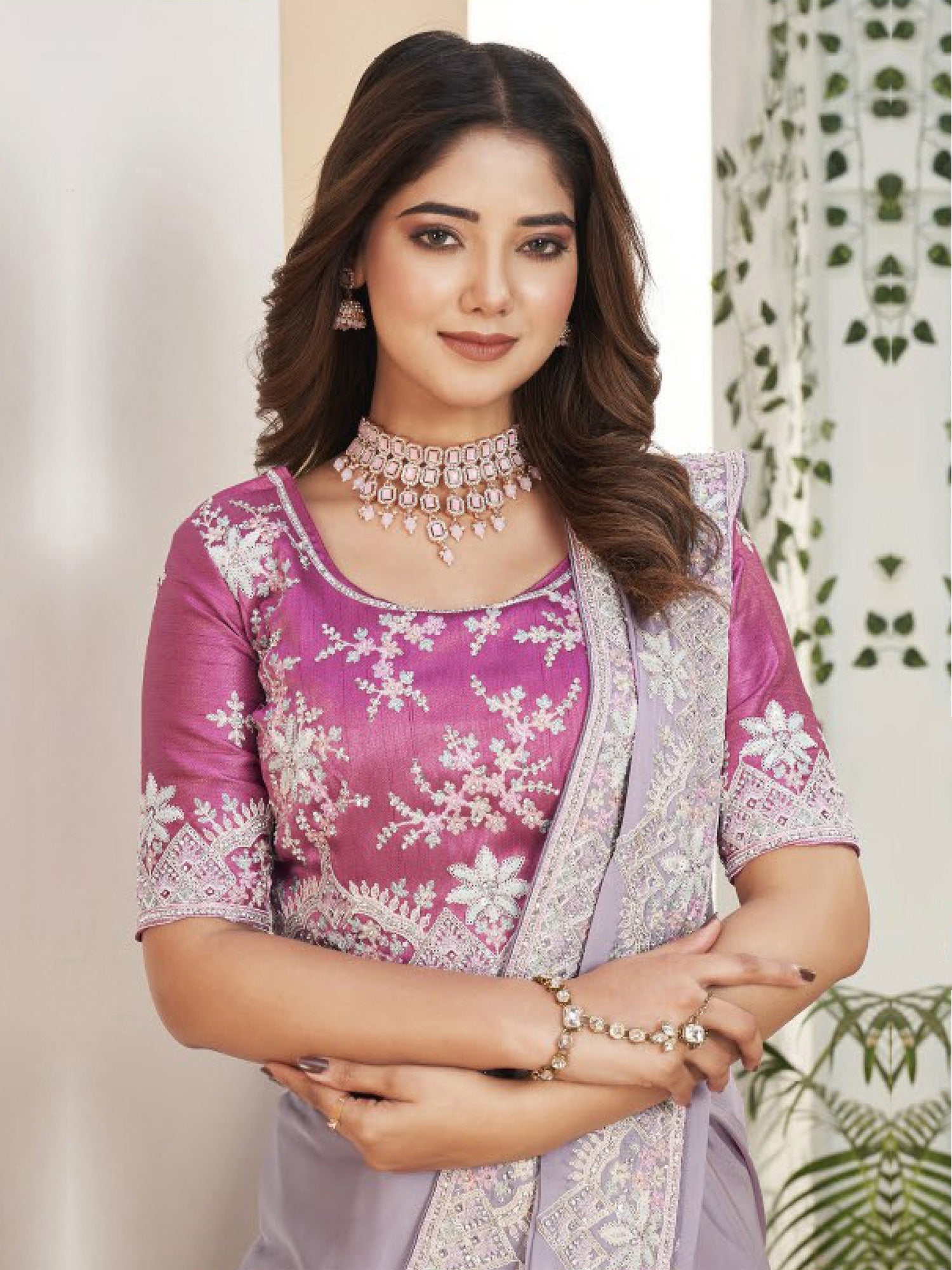 Lilac Purple Stone Augmented Party Wear Saree In Soft Georgette