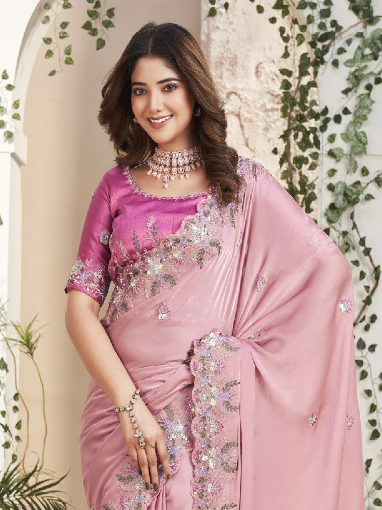 Dusty Pink Sequins Enhanced Party Wear Saree In Soft Silk
