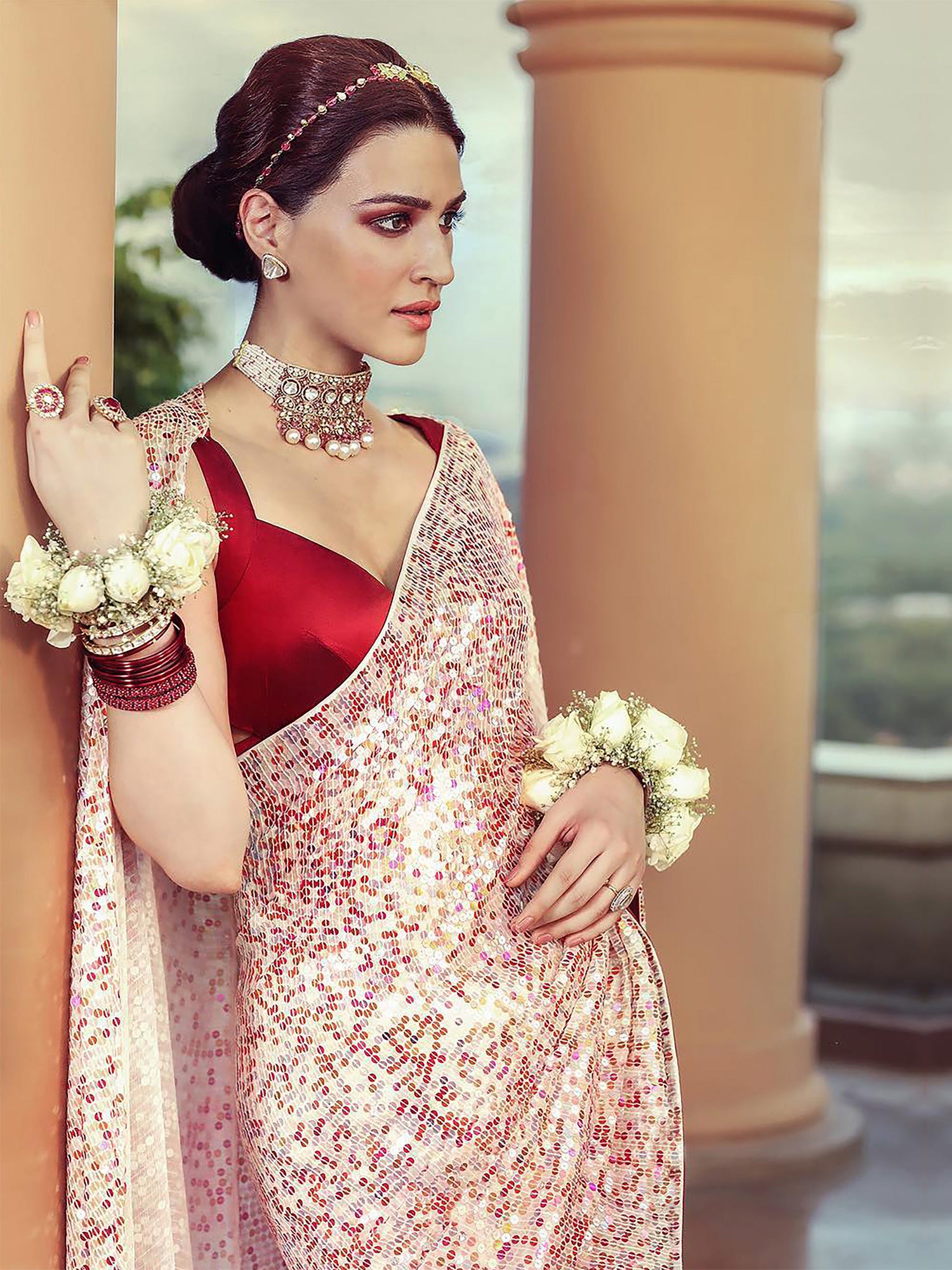 Cream Georgette Party Wear Saree Enhanced With Sequins