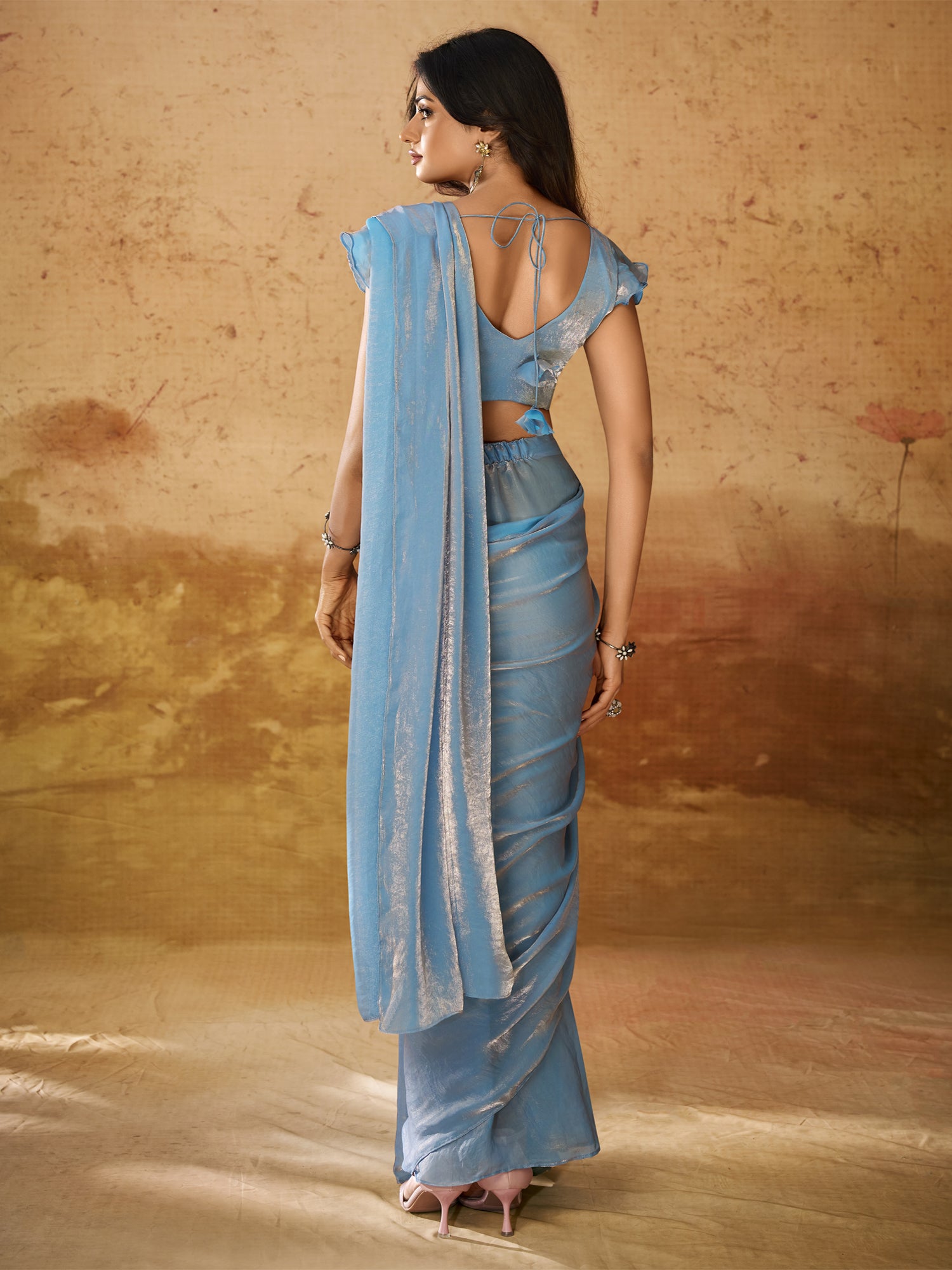 Steel Blue Pre-Stitched Saree In Organza