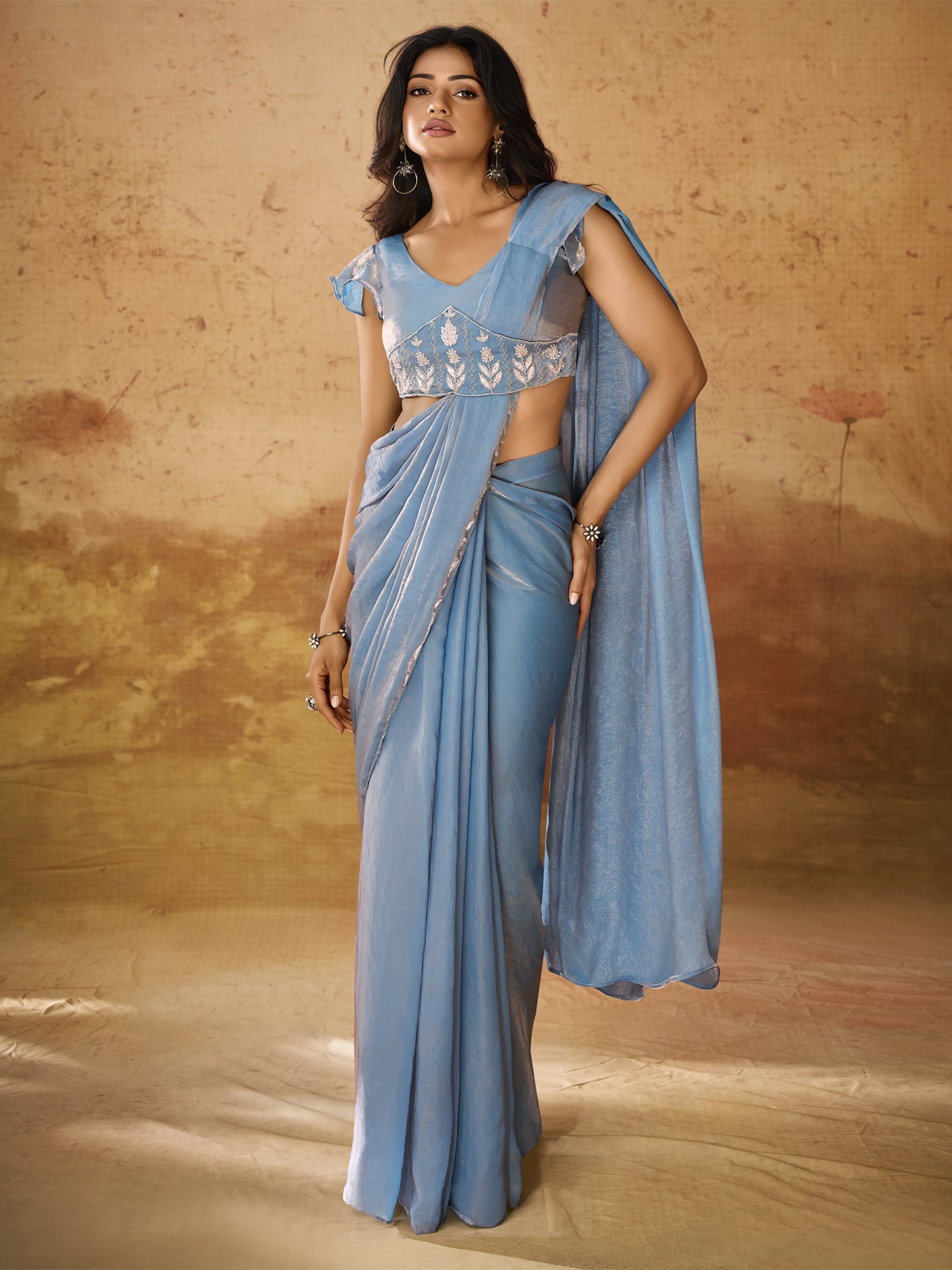 Steel Blue Pre-Stitched Saree In Organza