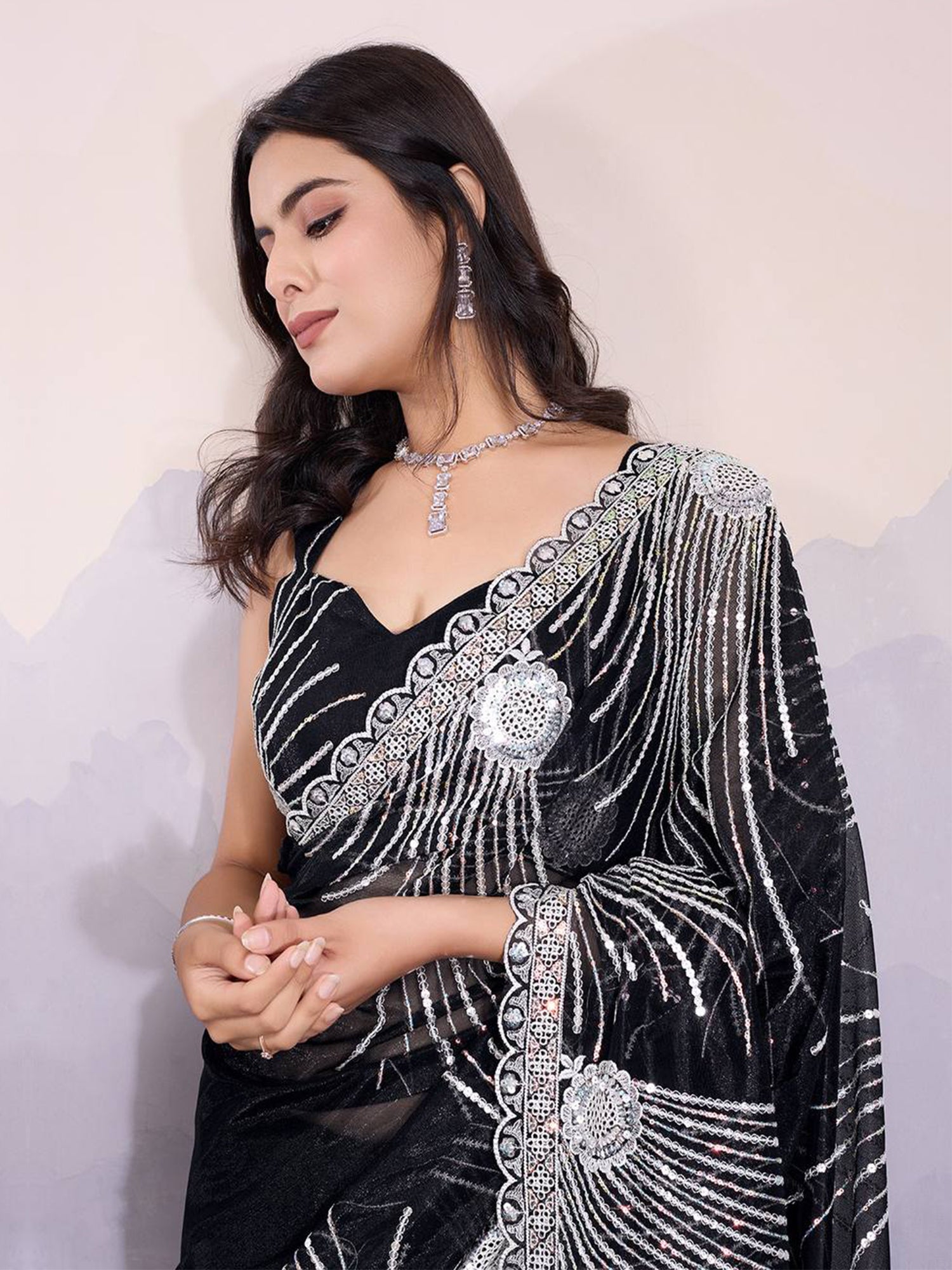 Black Sequins Embellished Saree In Net