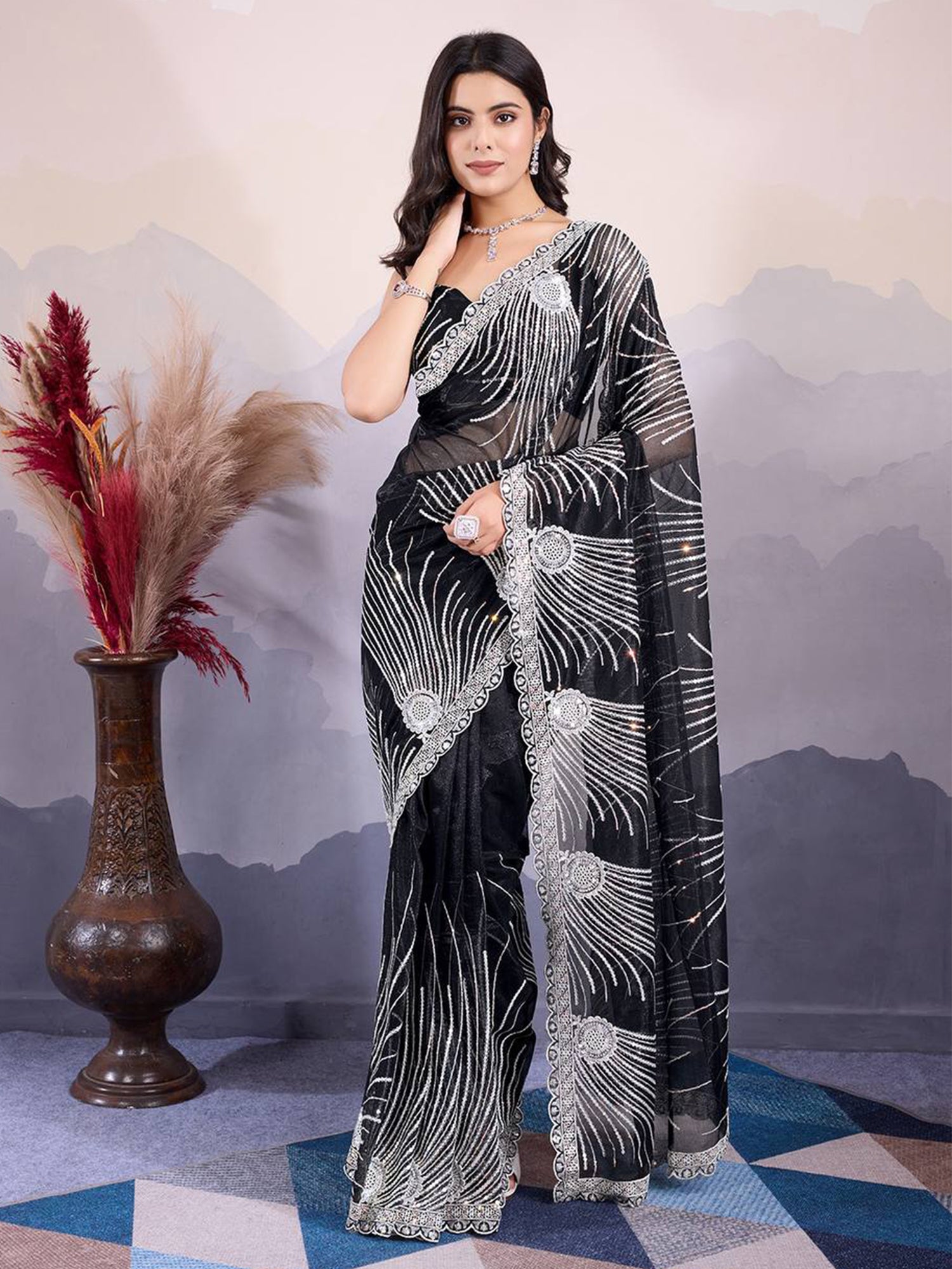Black Sequins Embellished Saree In Net