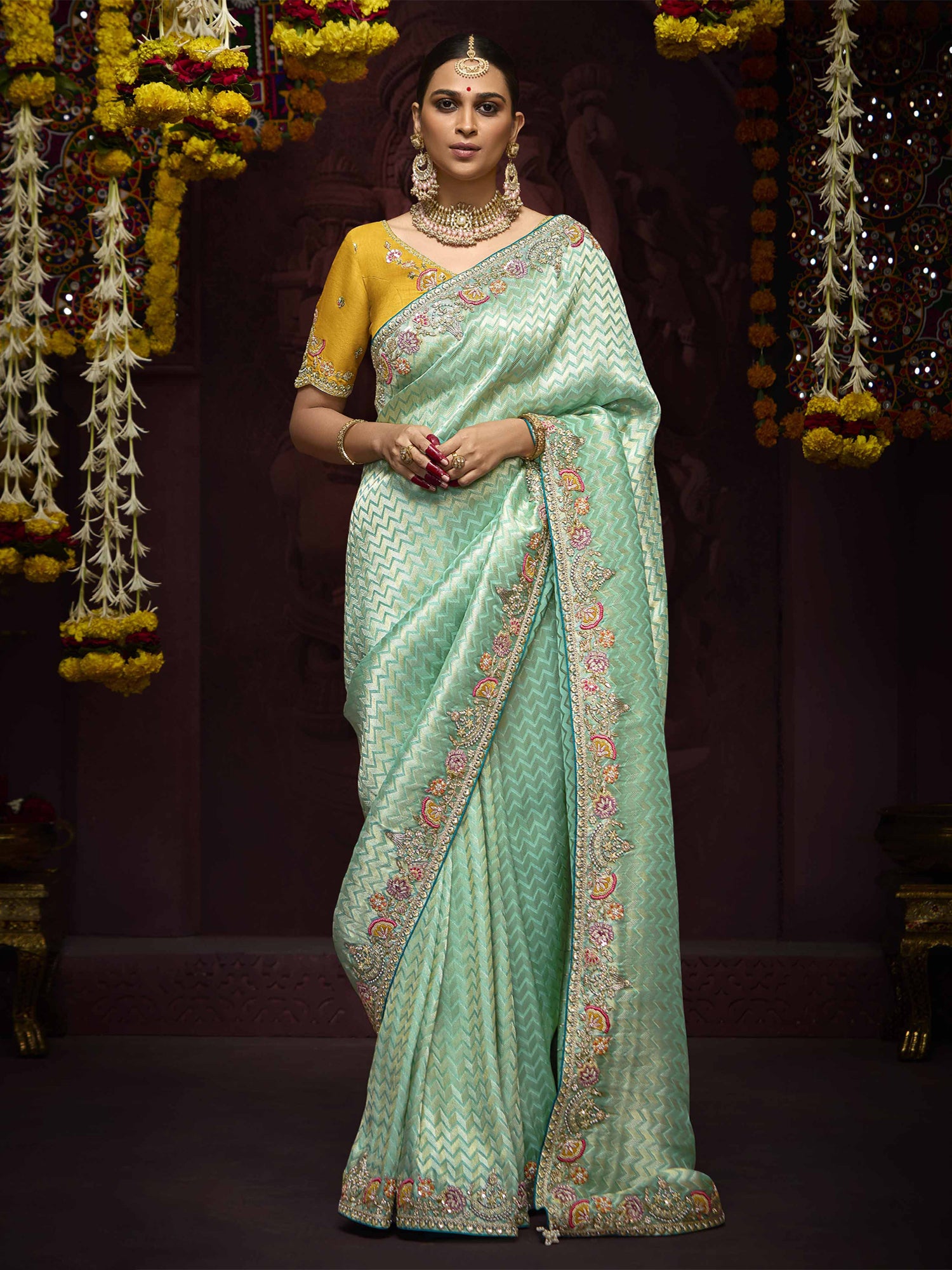 Turquoise Zari Embroidered Banarasi Silk Saree
