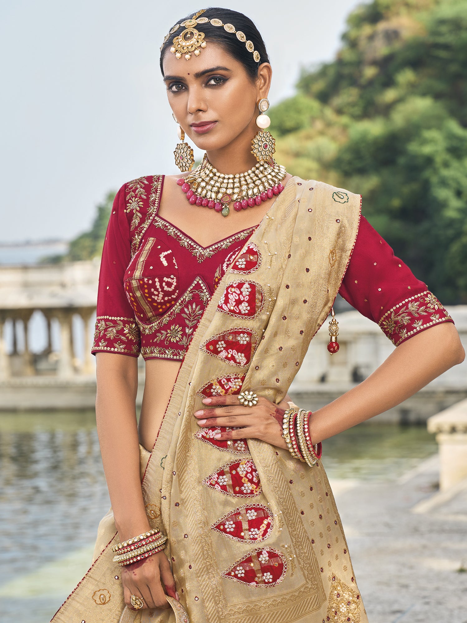 Beige Festive Silk Saree With Embroidered Blouse