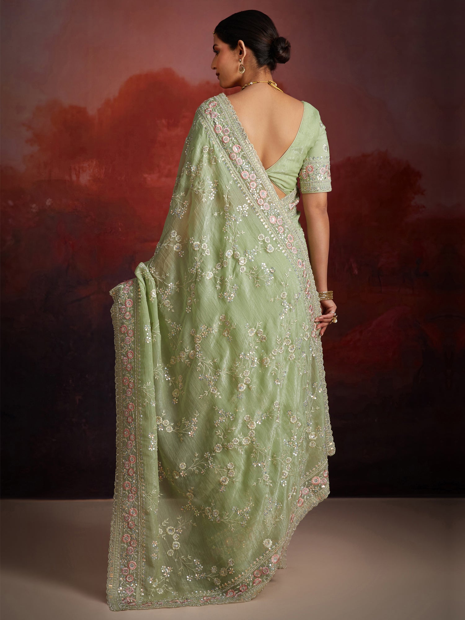 Pista Green Floral Embellished Bridesmaid Sarees