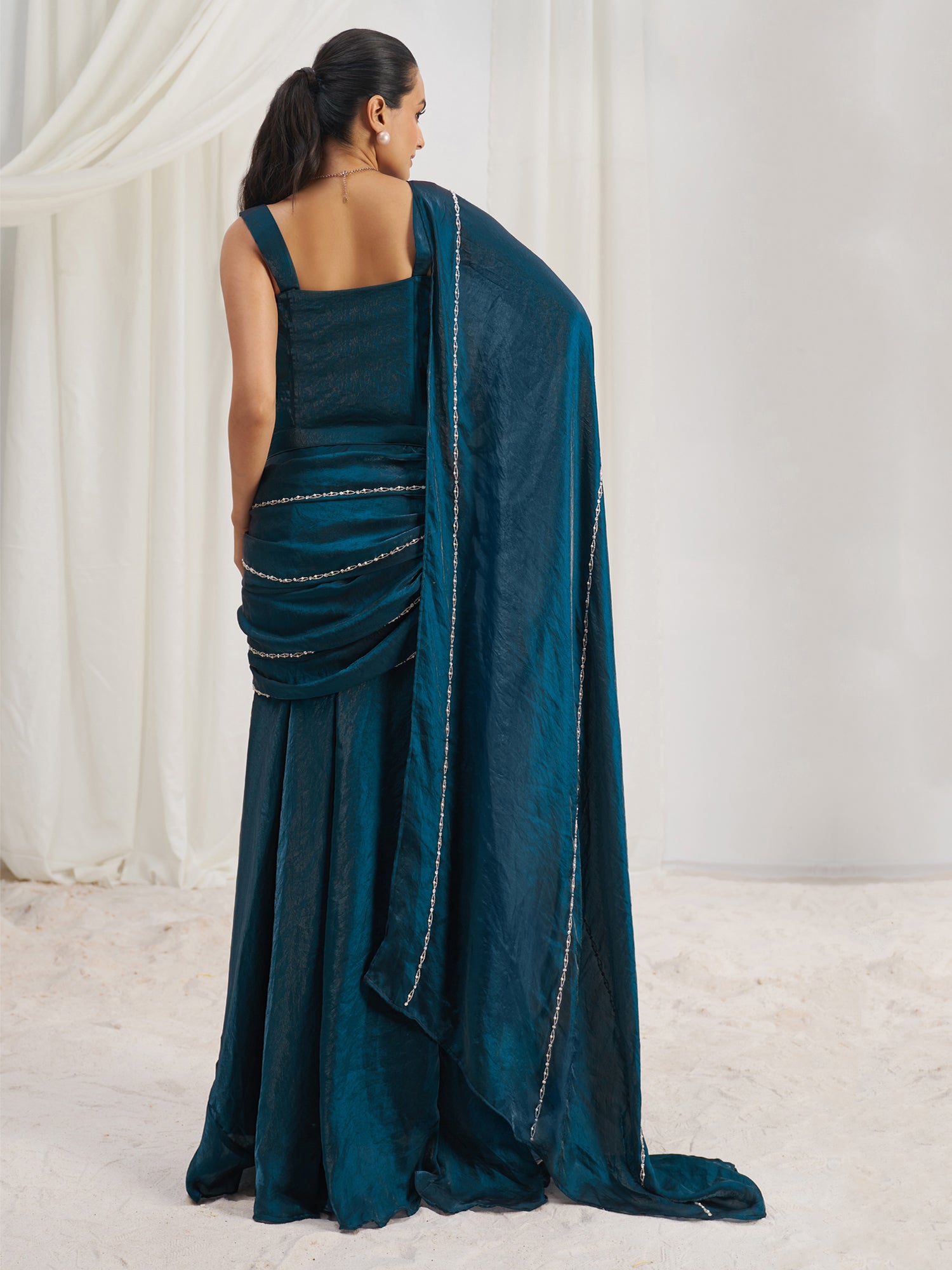 Teal Blue Hand Work Enhanced Bridesmaid Sarees