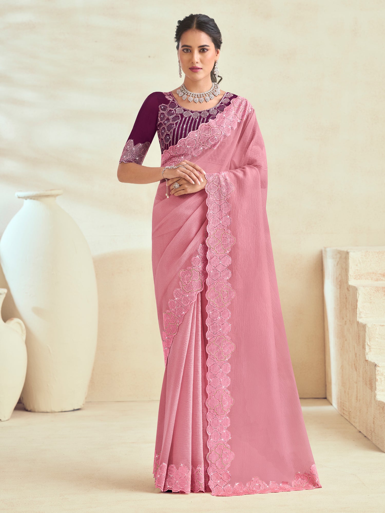 Pink Bridesmaid Saree With Embroidered Blouse