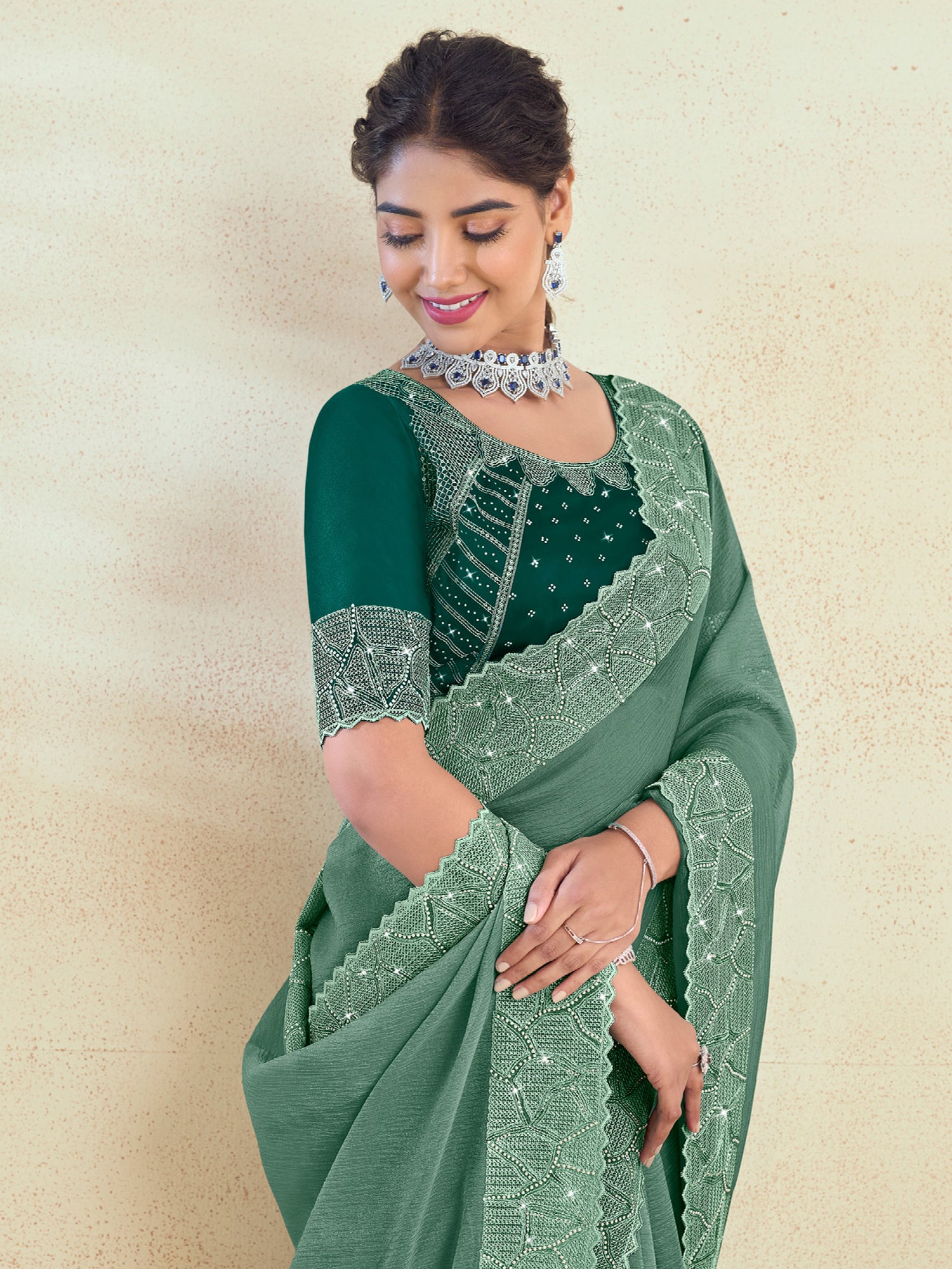 Green Stone Work Enhanced Wedding Saree