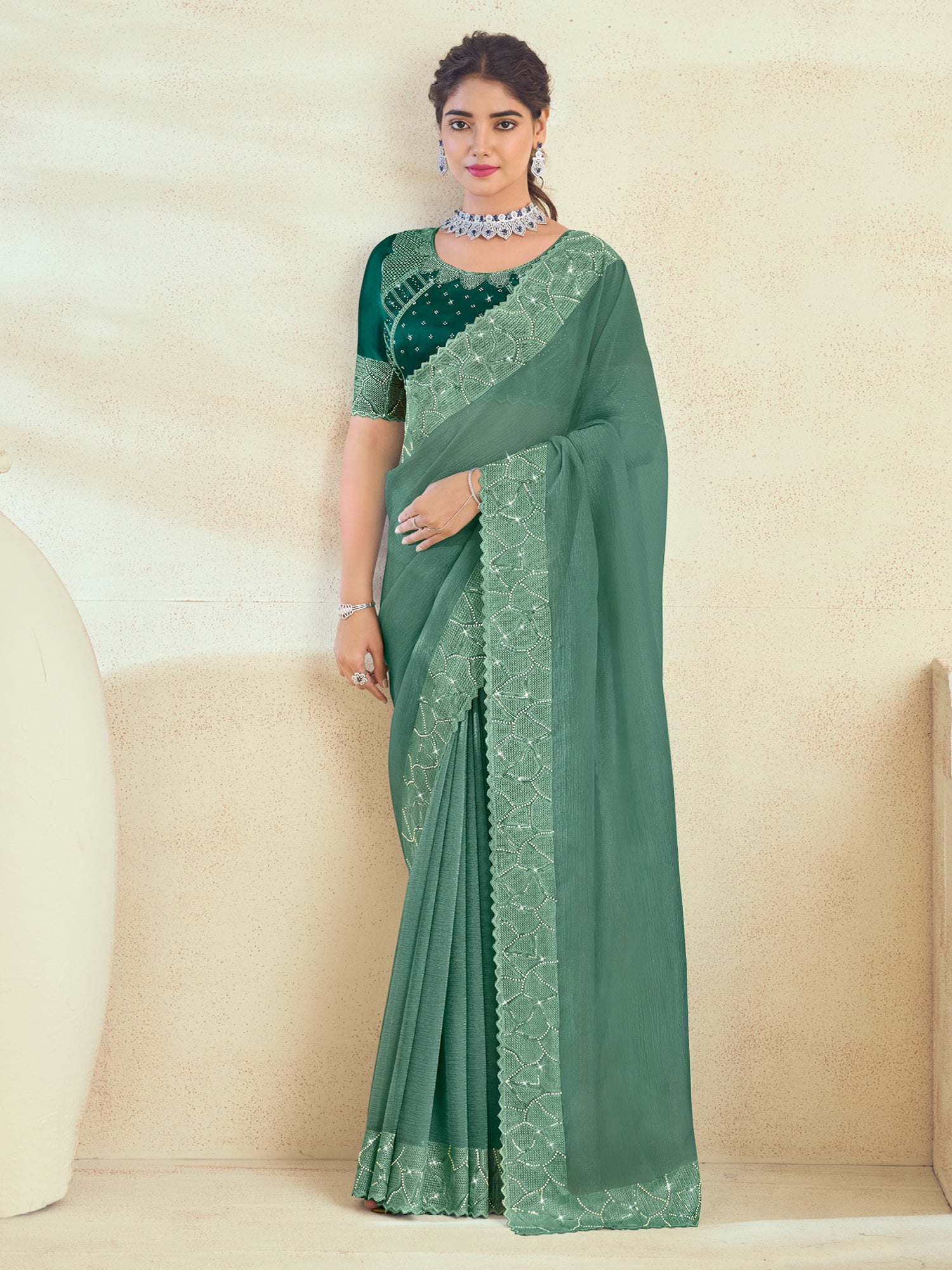 Green Stone Work Enhanced Wedding Saree