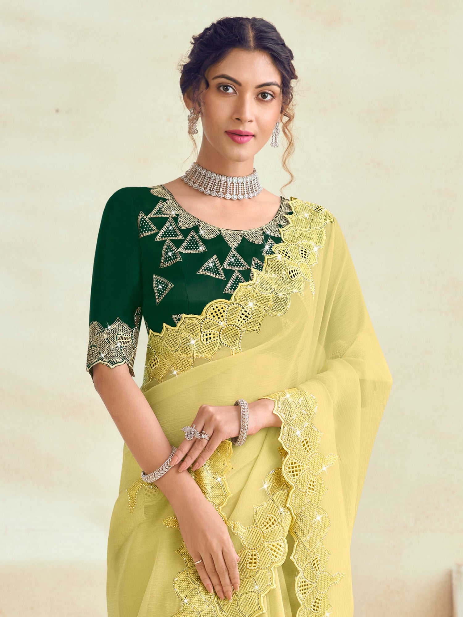 Yellow Heavy Embroidered Saree In Silk