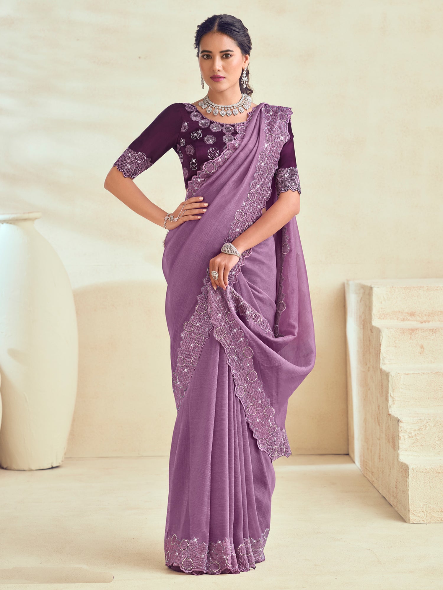 Purple Party Saree With Embroidered Borders