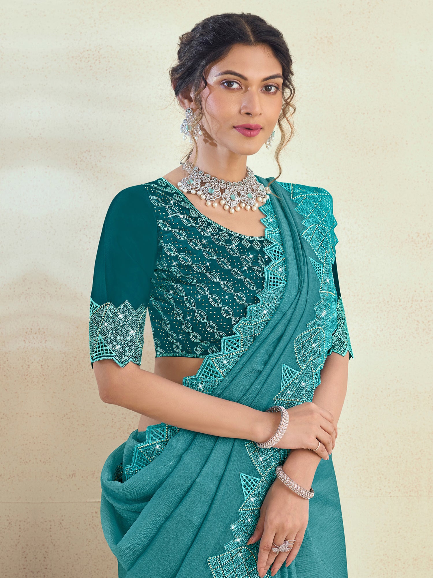 Turquoise Silk Saree In Stone Embellishment