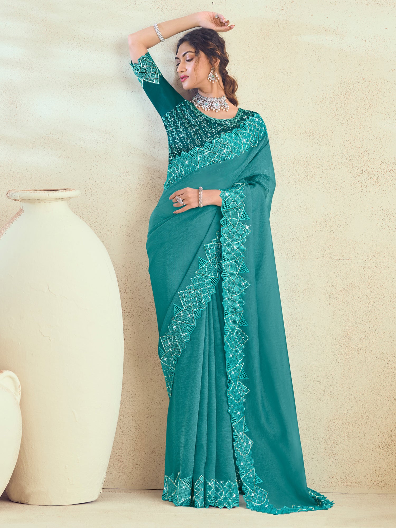 Turquoise Silk Saree In Stone Embellishment