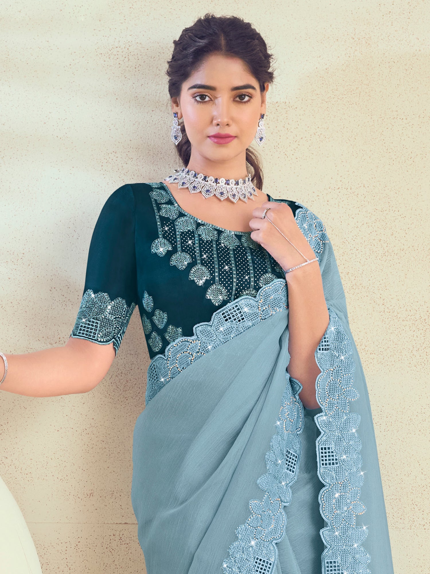 Blue Sequins Embellished Wedding Saree
