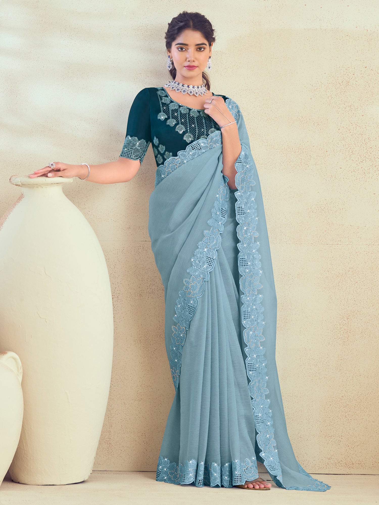 Blue Sequins Embellished Wedding Saree