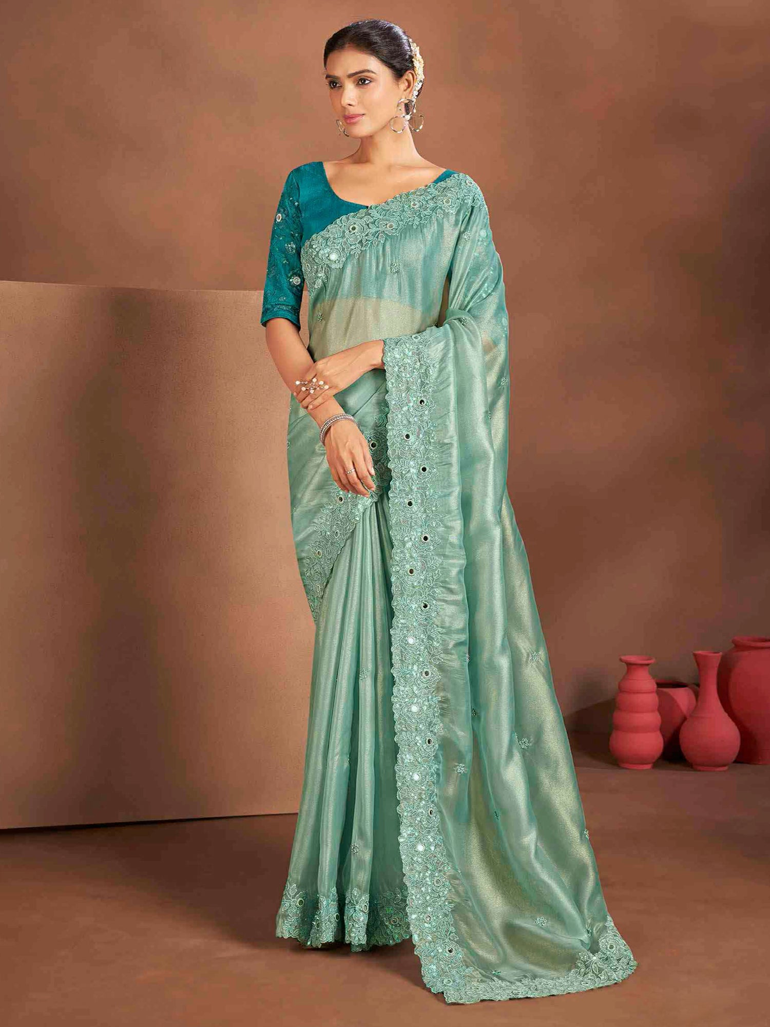 Turquoise Tissue Silk Saree In Mirrro Work