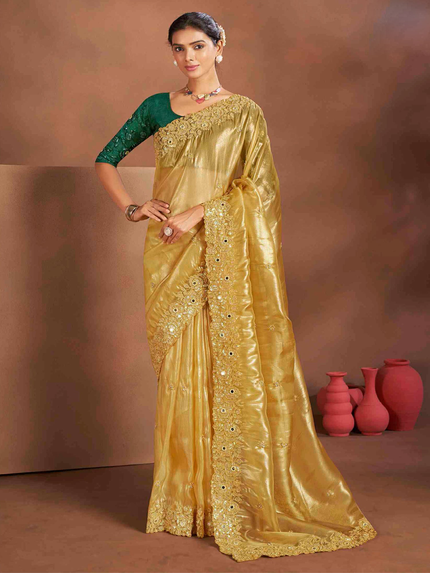 Yellow Festive Saree With Heavy Embroidered Borders