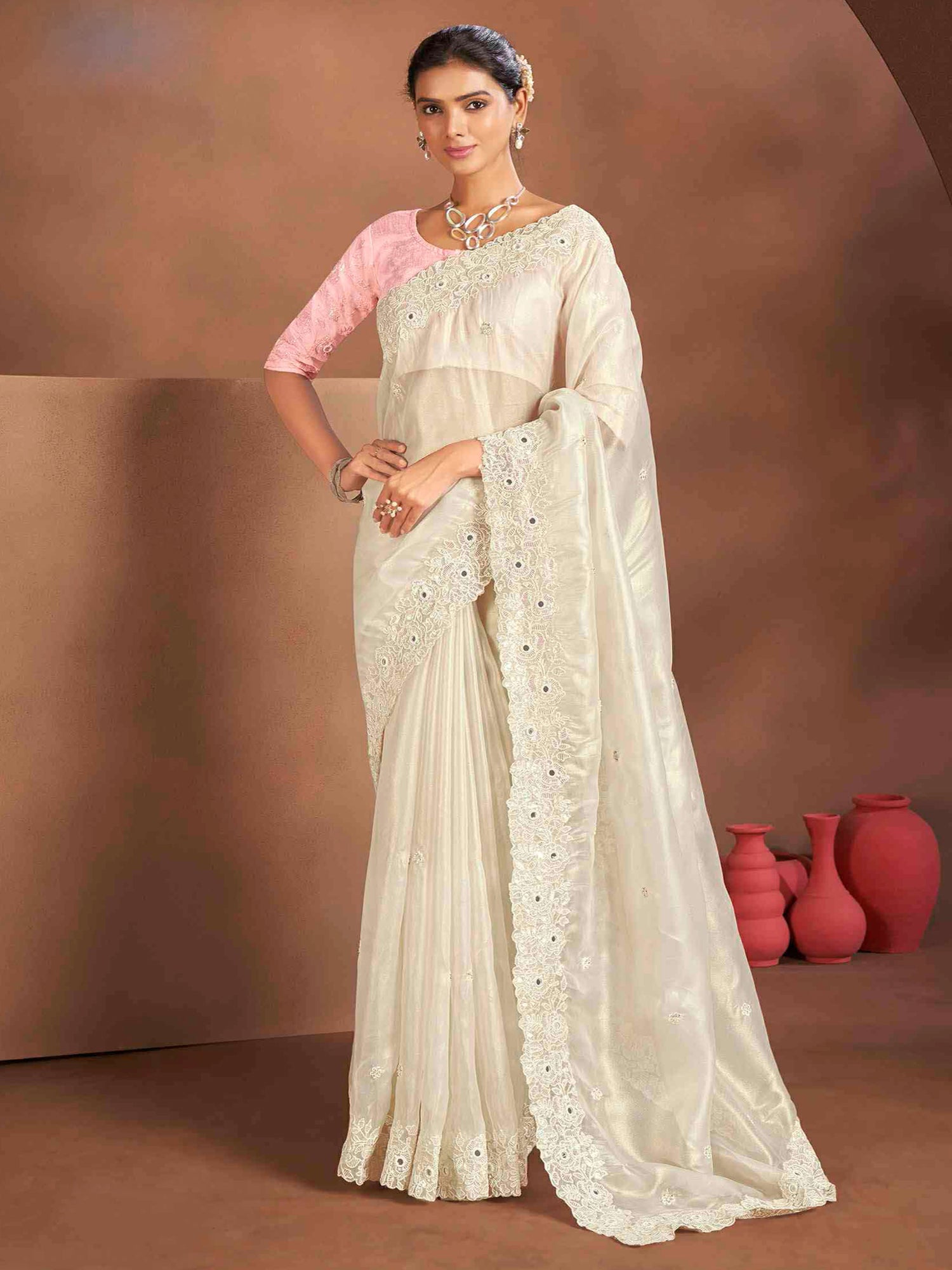 White Floral Thread Embellished Saree In Silk