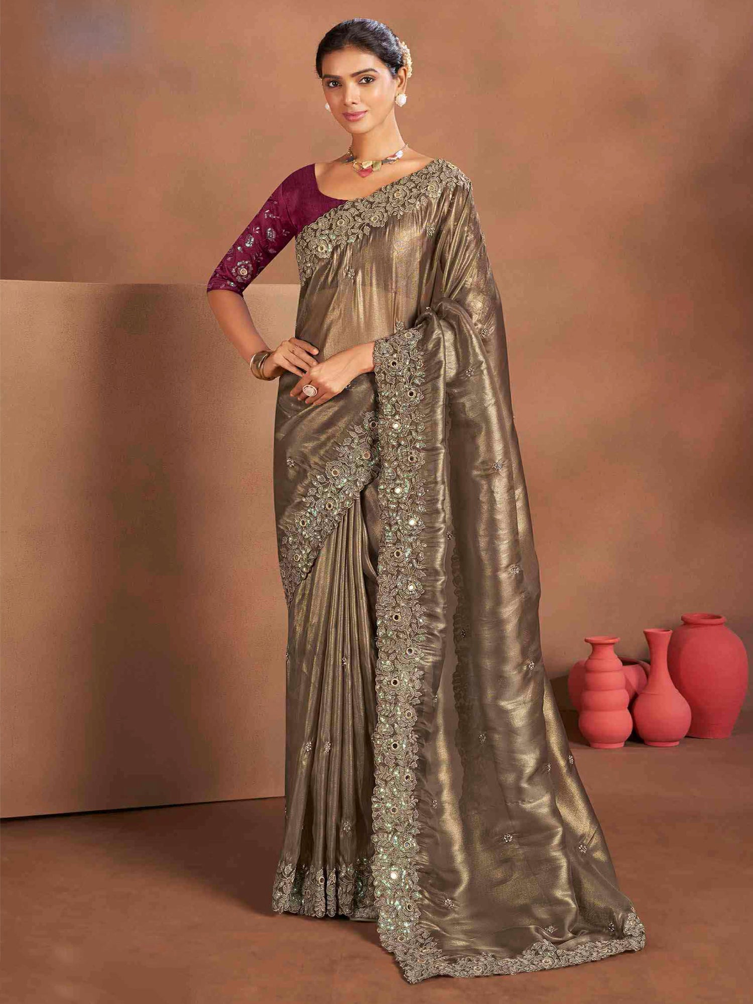 Brown Bridesmaid Saree In Tissue Silk With Belt