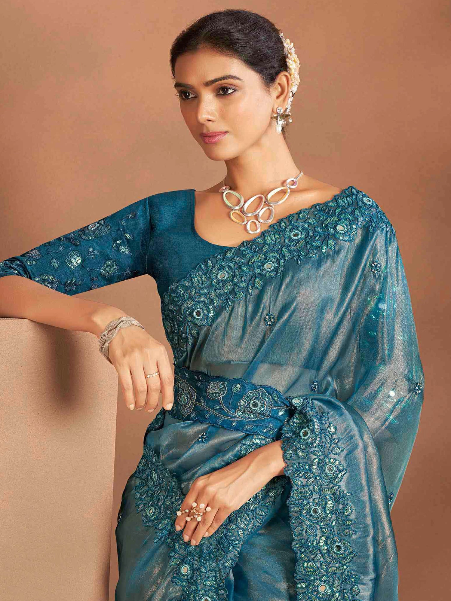 Blue Bridesmaid Saree In Floral Embellishment