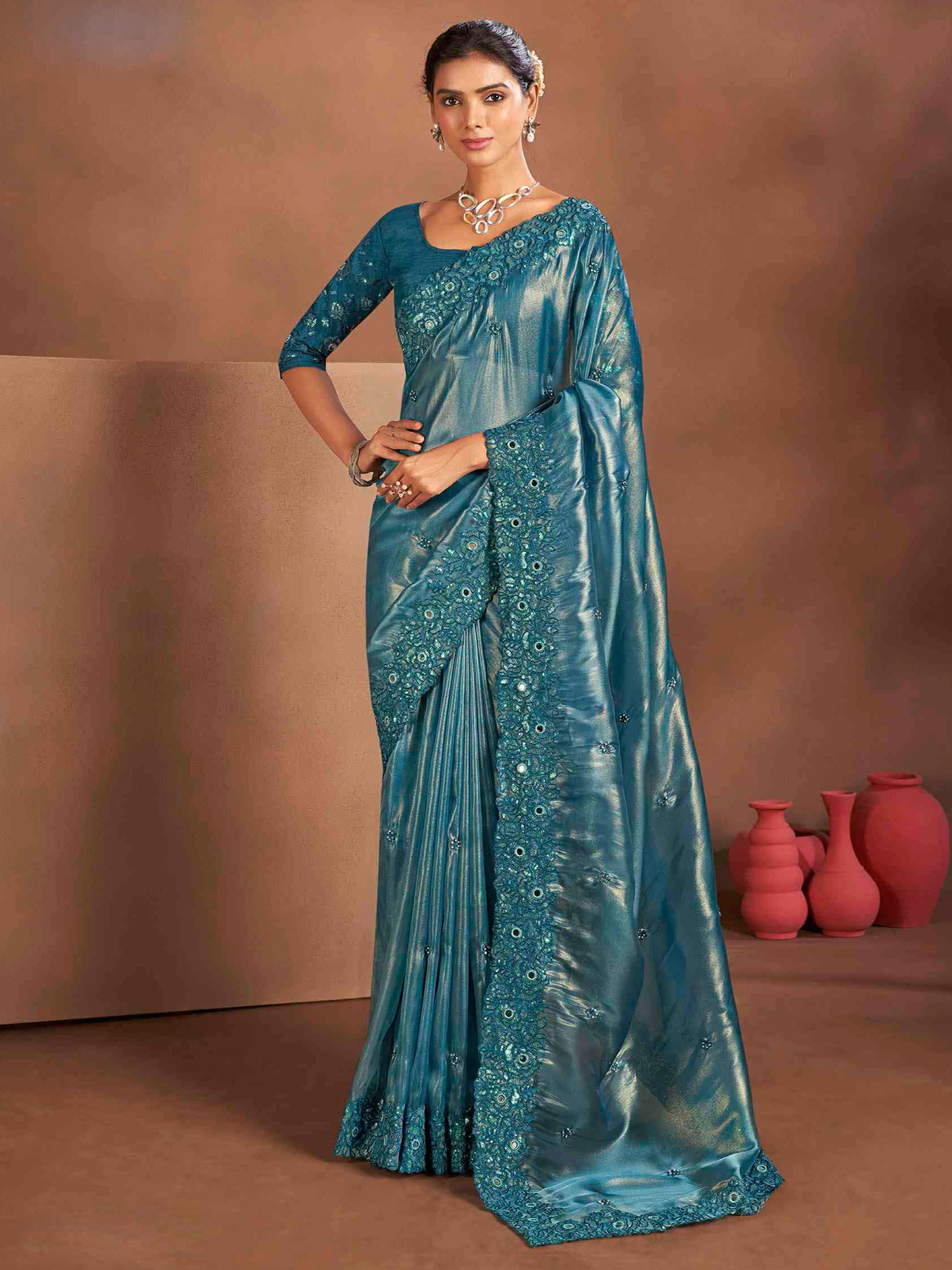 Blue Bridesmaid Saree In Floral Embellishment
