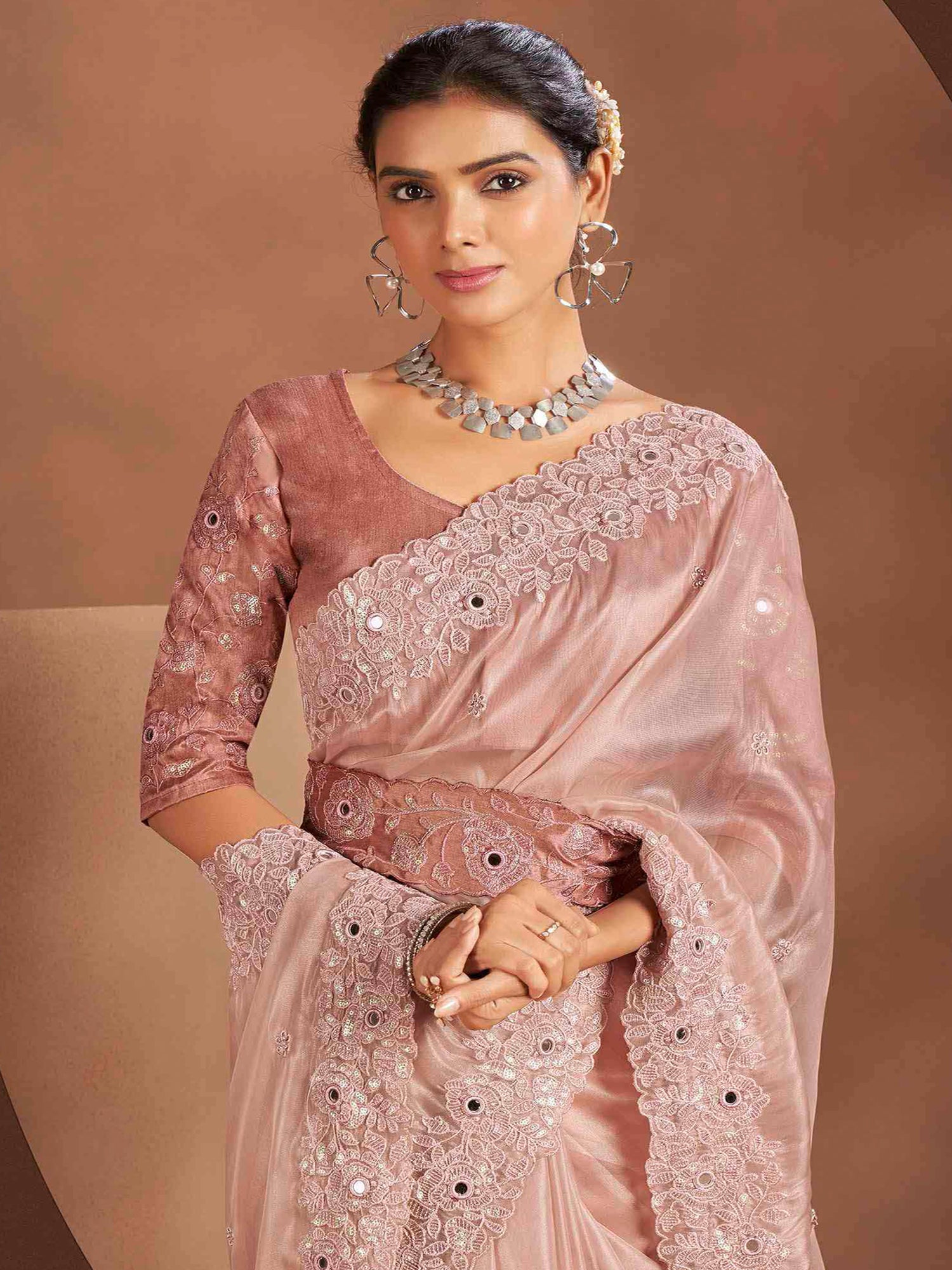 Dusty Peach Sequins Augmented Silk Saree