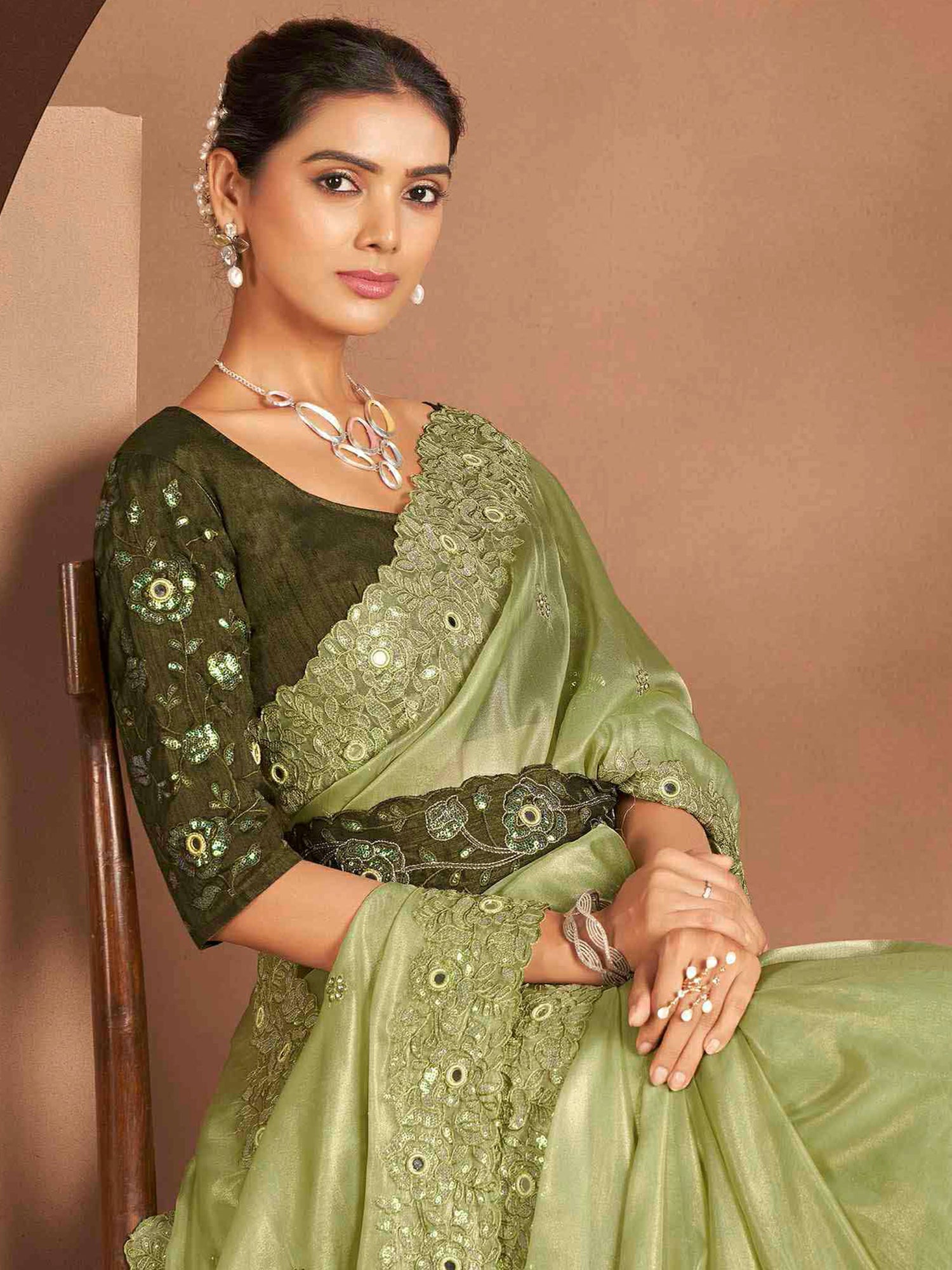 Green Embroidered Bridesmaid Saree With Blouse