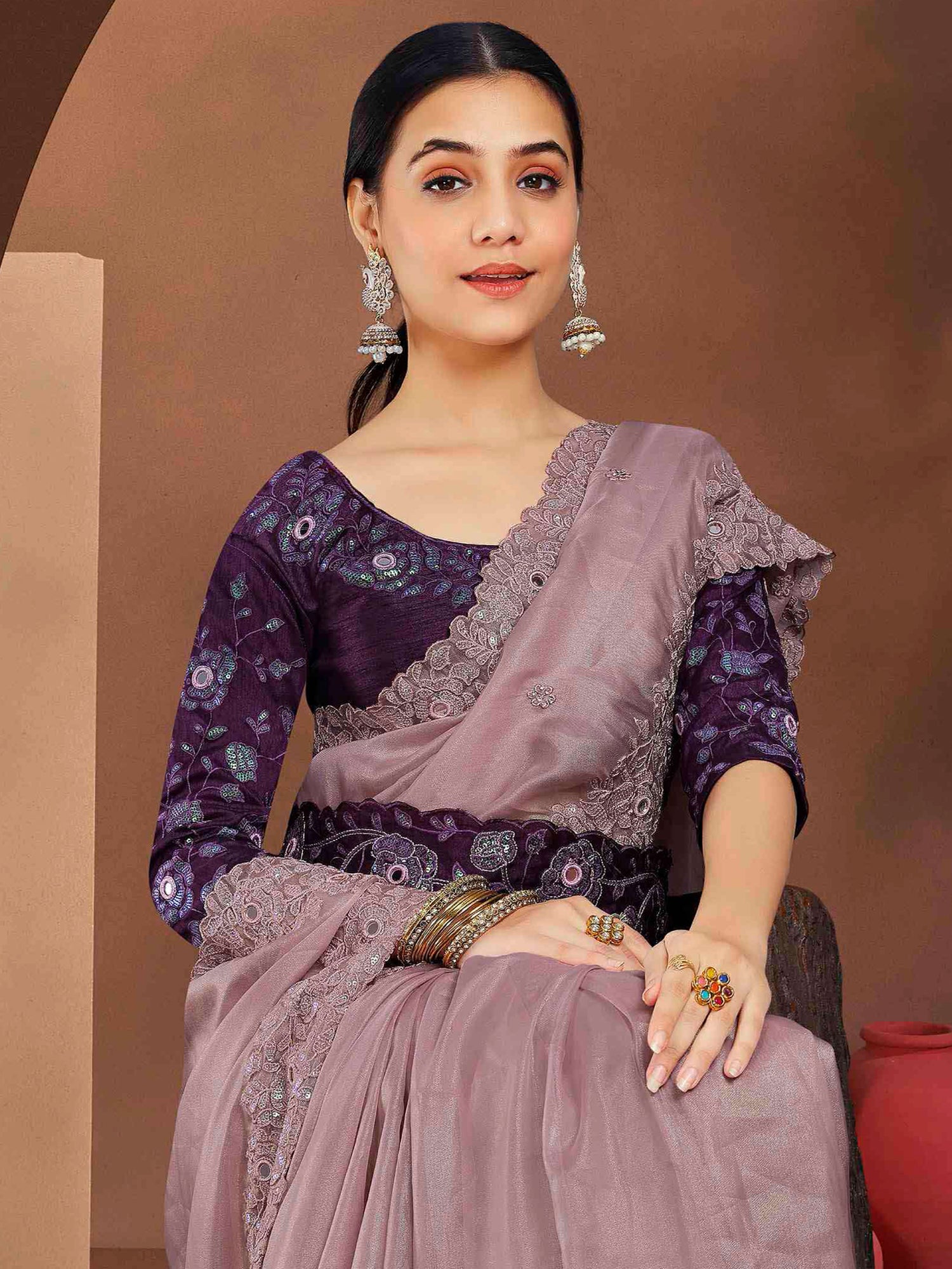 Mauve Sequins Work Enhanced Party Saree
