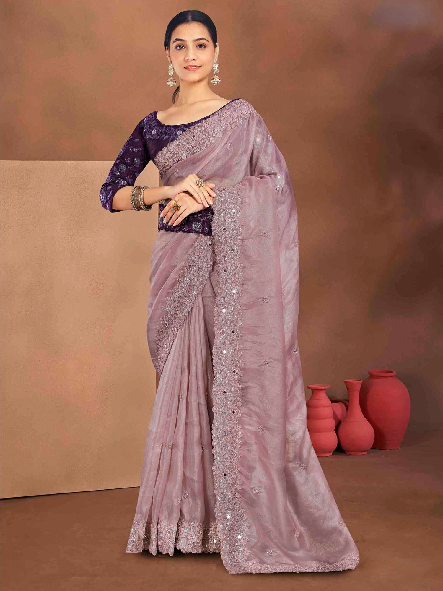 Mauve Sequins Work Enhanced Party Saree