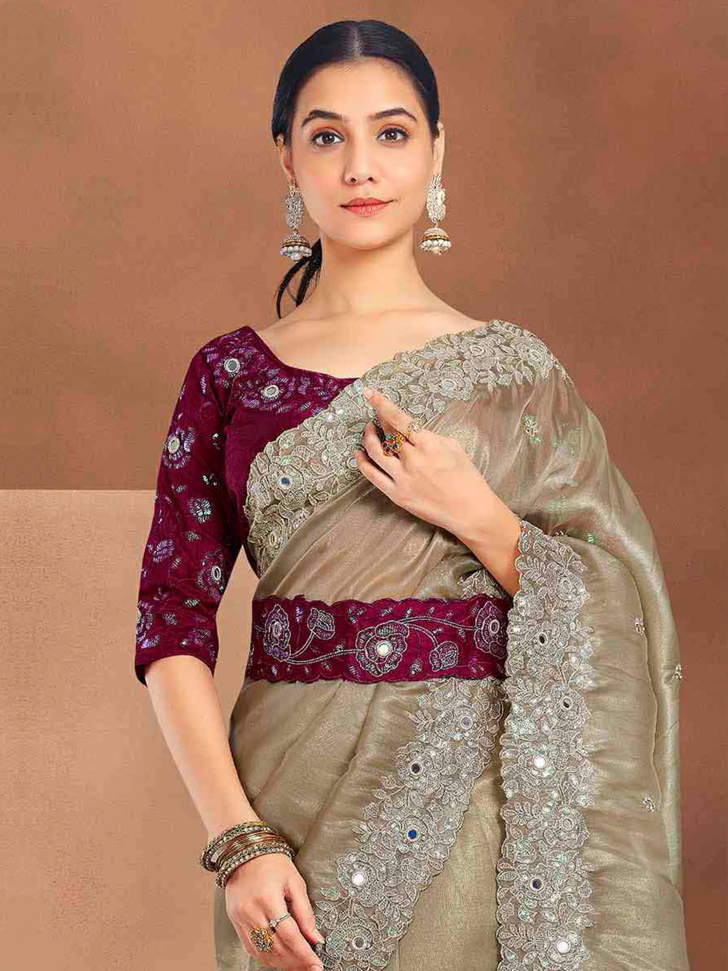 Brown Bridesmaid Silk Saree With Embroidered Belt