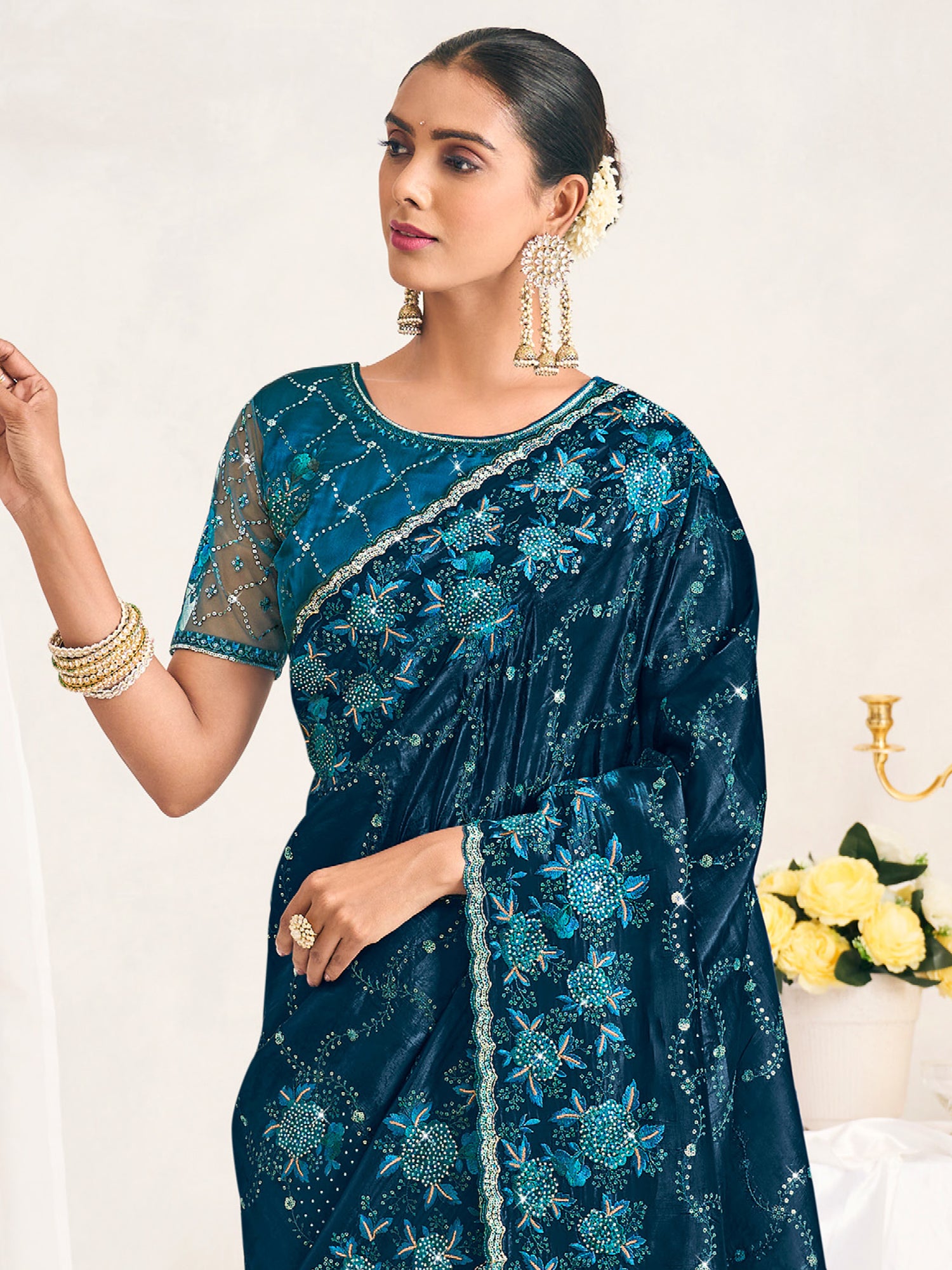 Blue Stone Augmented Wedding Saree In Silk