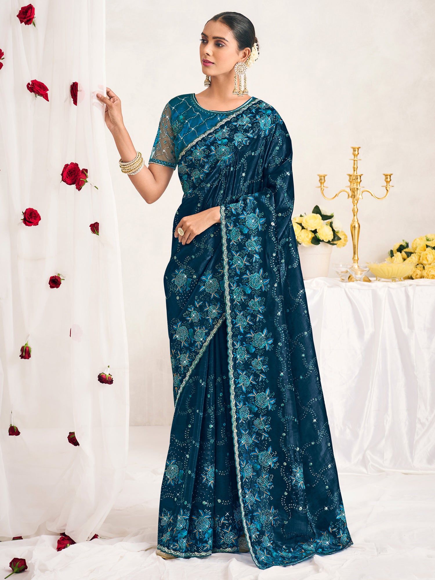 Blue Stone Augmented Wedding Saree In Silk