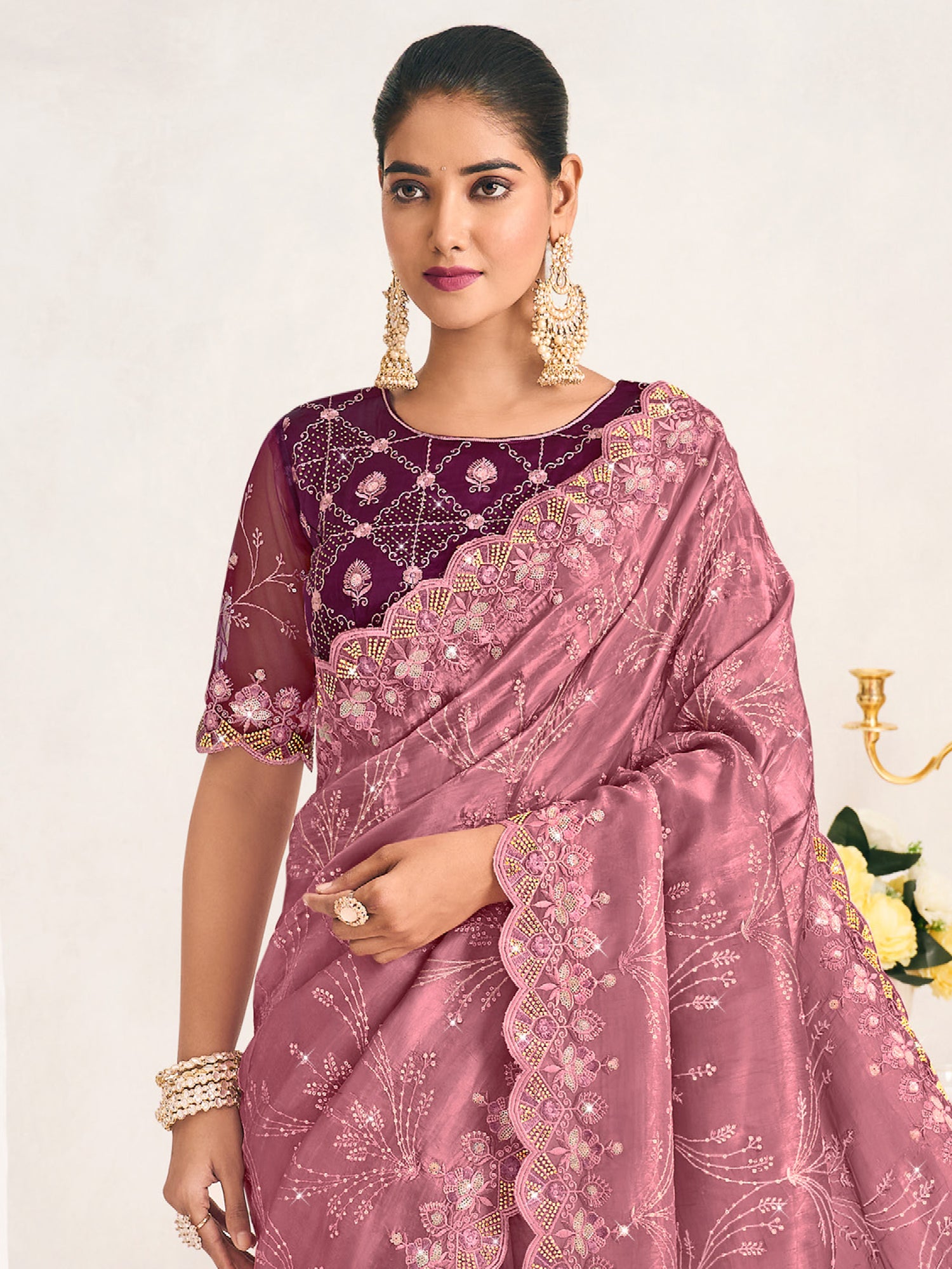 Pink Bridesmaid Saree In Heavy Floral Work