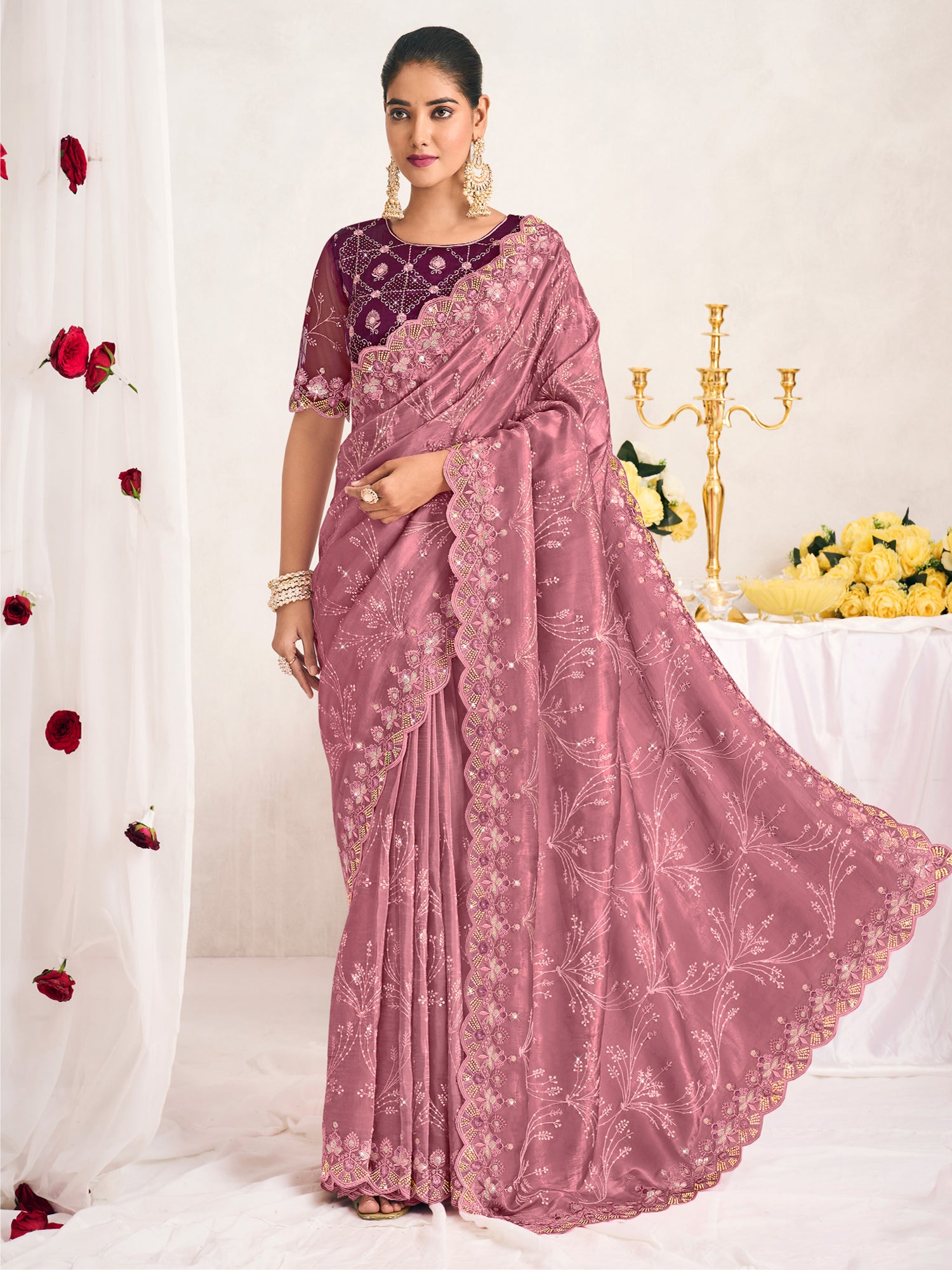 Pink Bridesmaid Saree In Heavy Floral Work