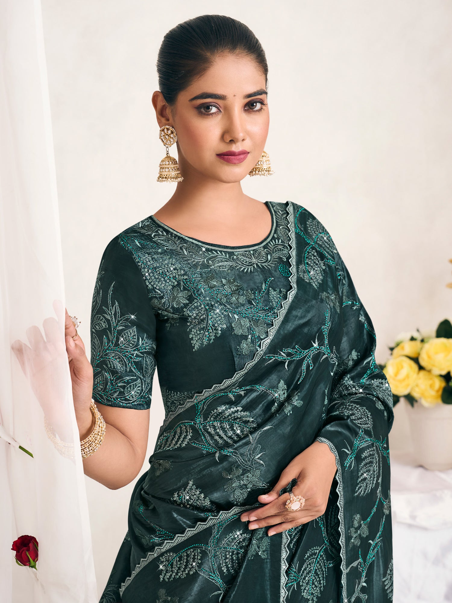 Peacock Green Floral Thread Work Saree