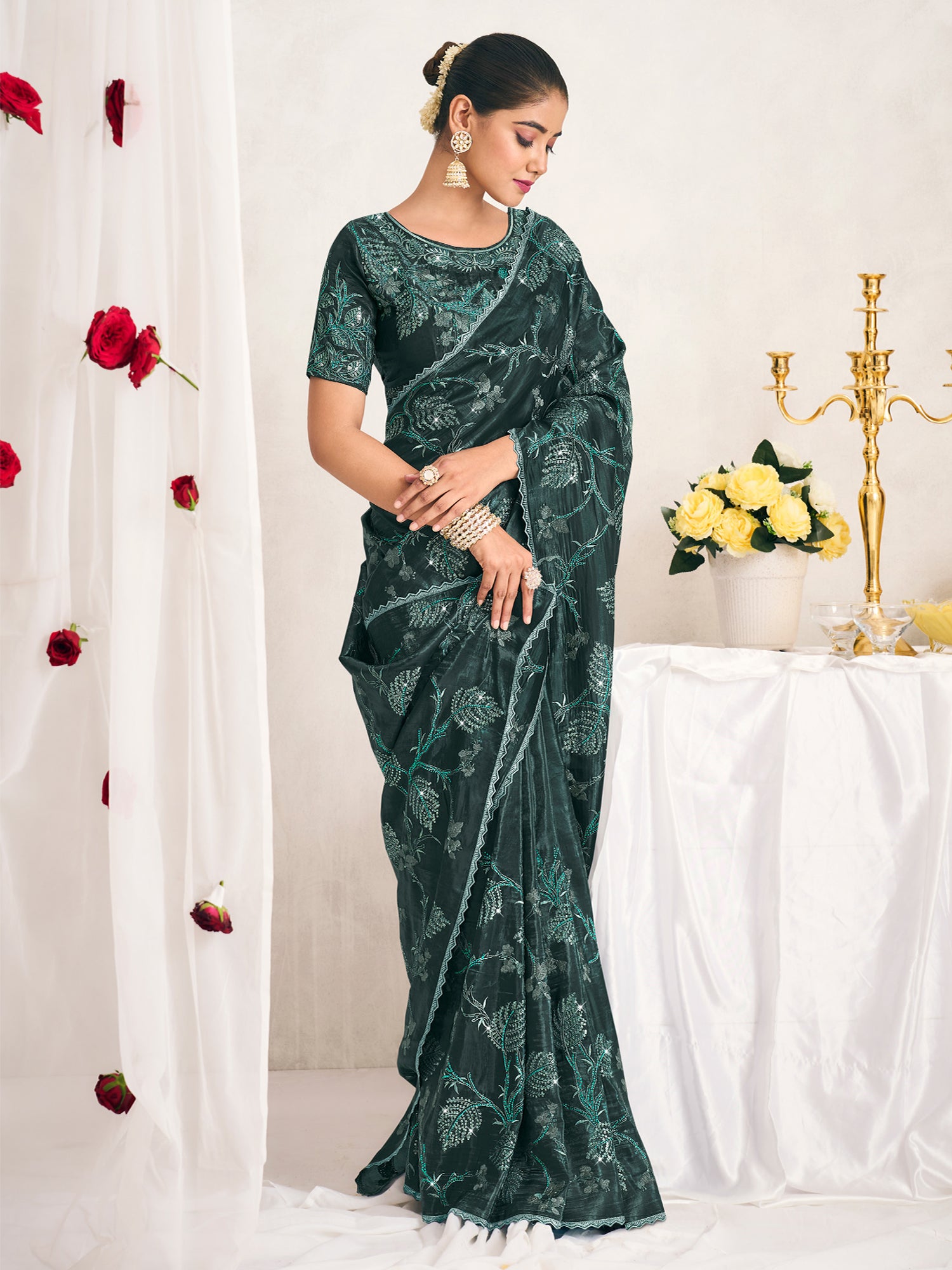 Peacock Green Floral Thread Work Saree