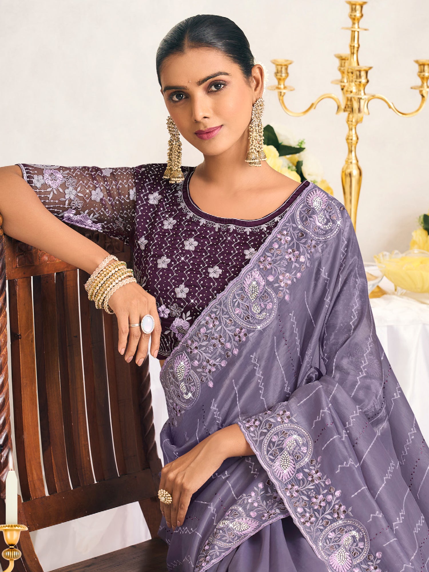 Purple Thread Embellished Bridesmaid Saree