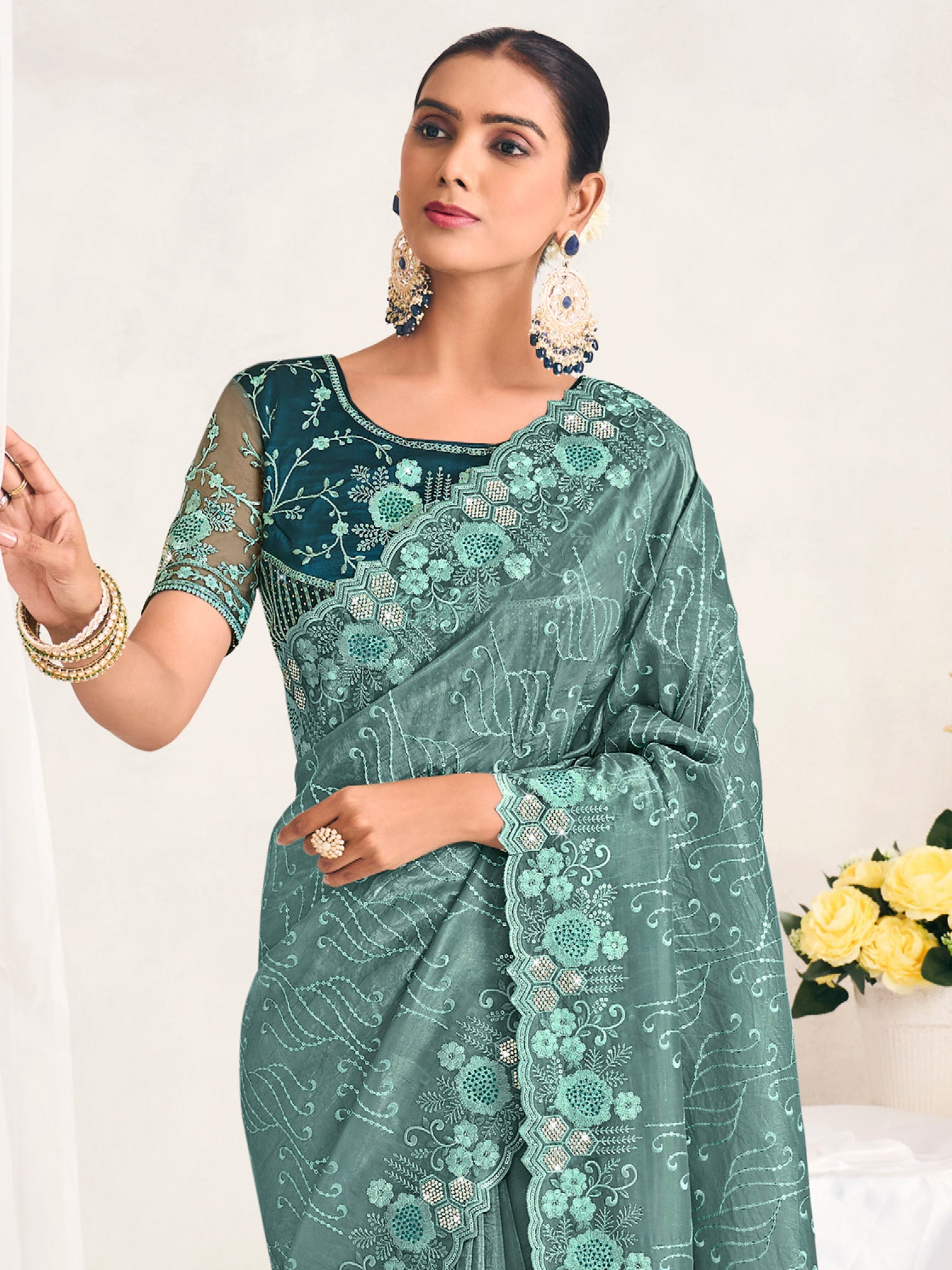 Turquoise Sequins Enhanced Saree With Blouse