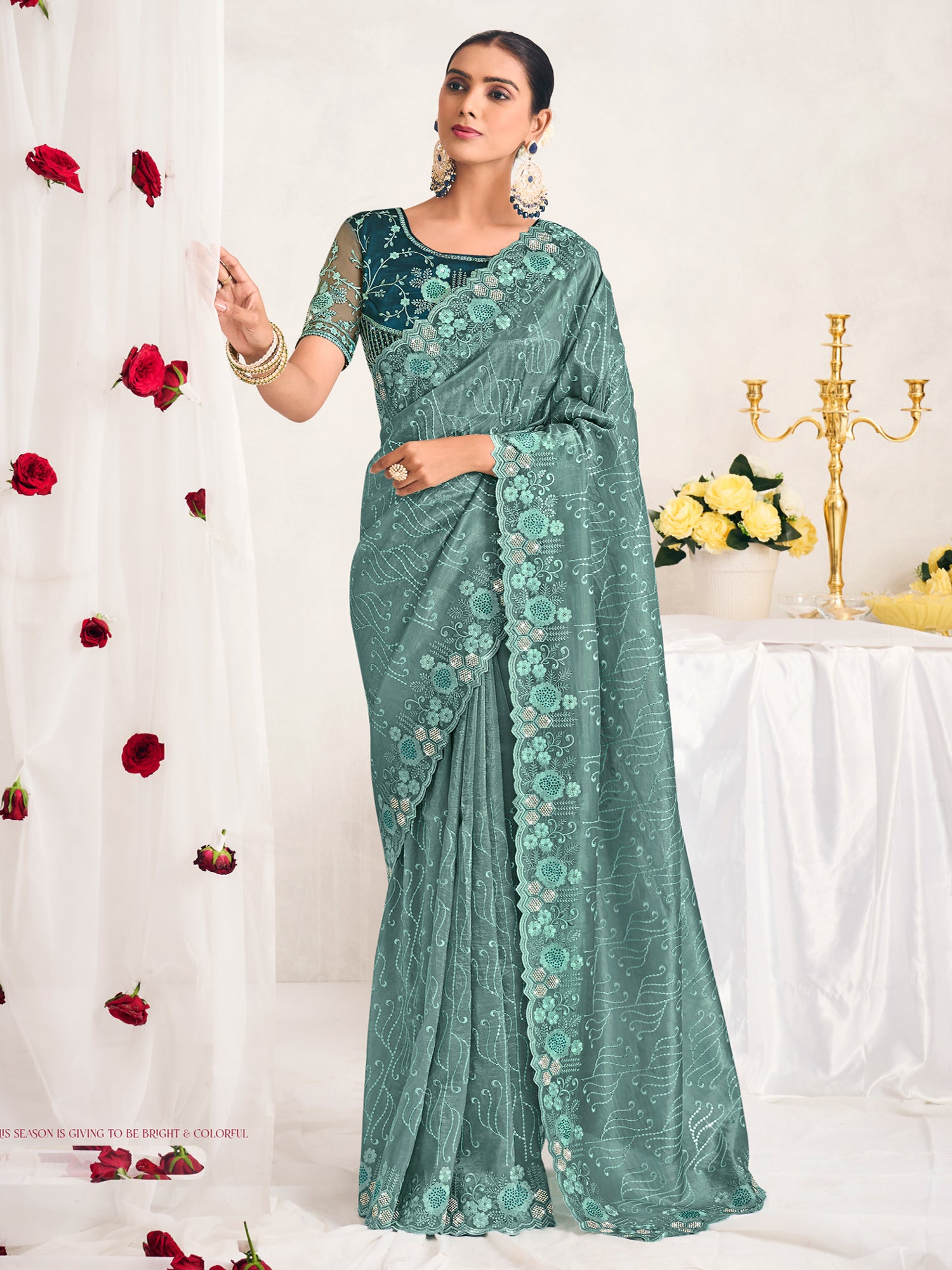 Turquoise Sequins Enhanced Saree With Blouse