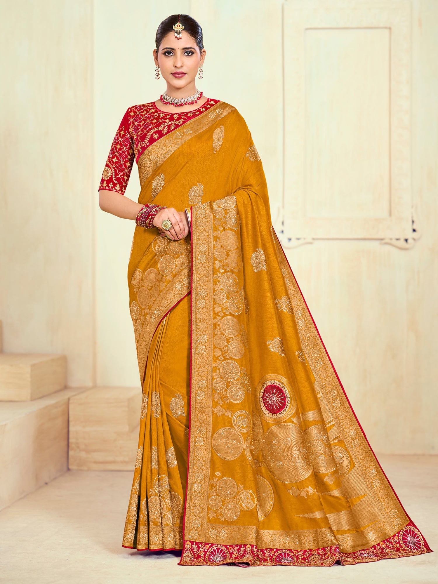 Mustard Yellow Silk Saree In Stone Embroidery