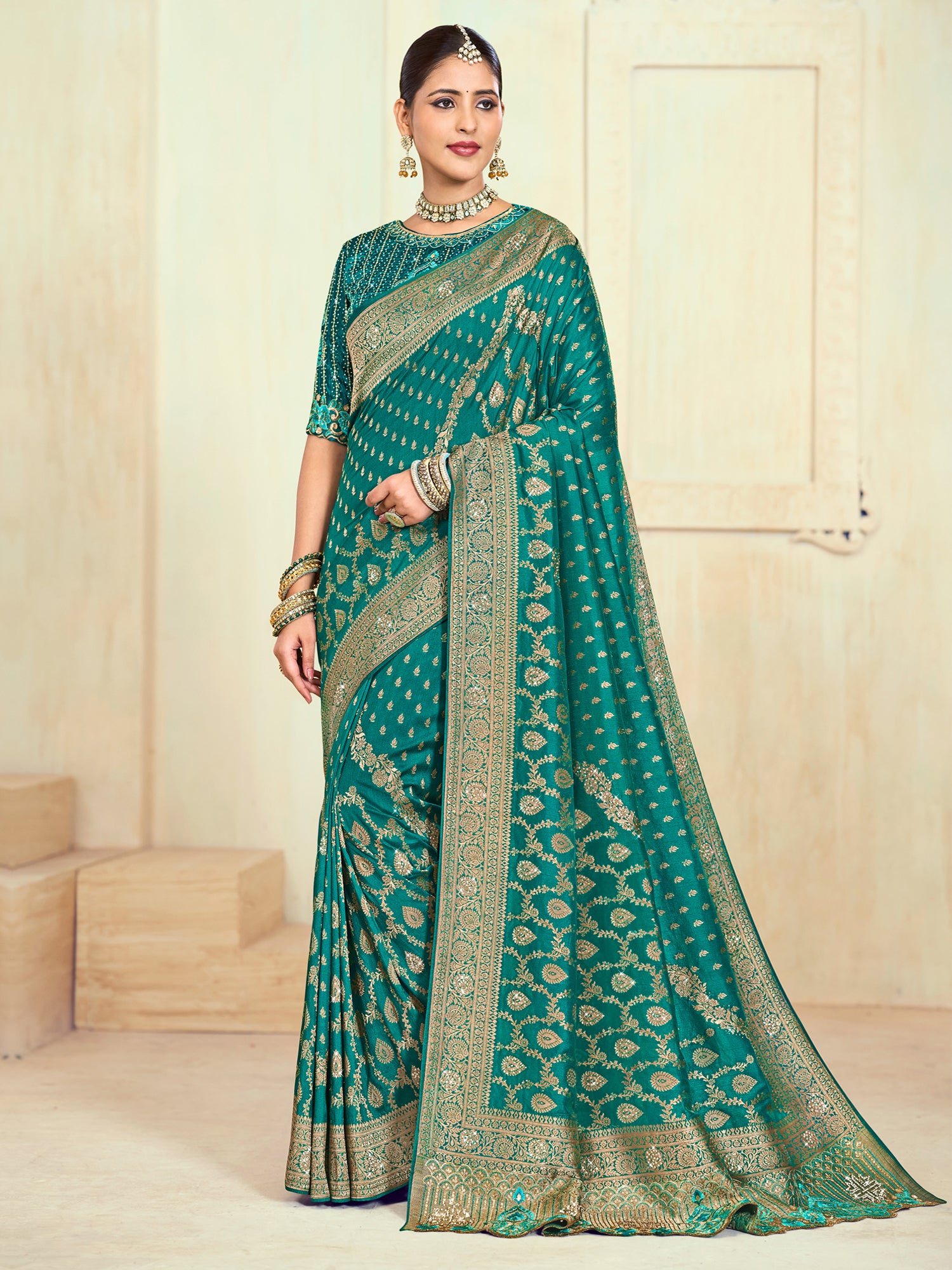 Rama Green Wedding Saree In Zari Weaving